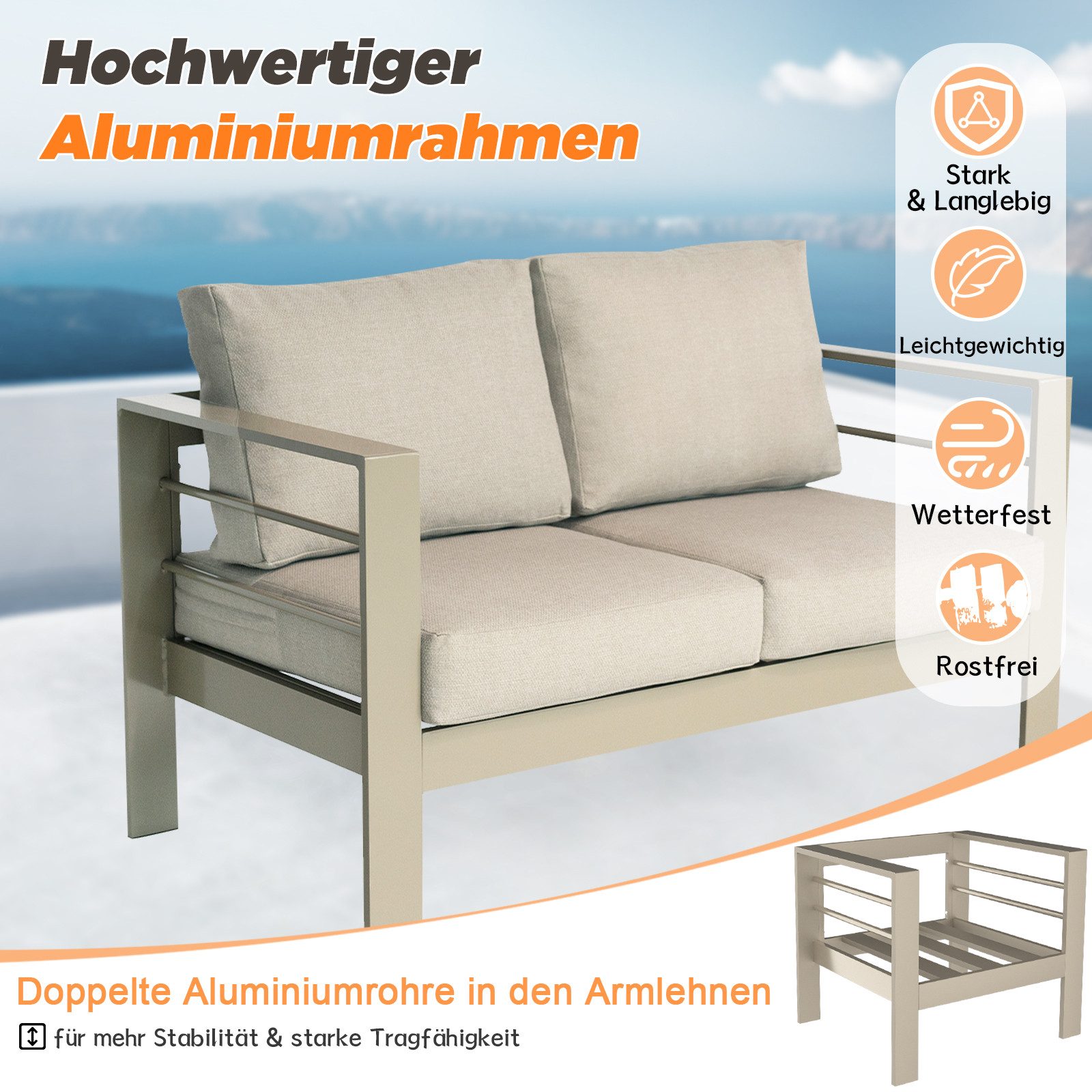 MeXo Gartenlounge-Set Gartenmöbel Set Aluminium wetterfest 6-7 Personen, (12cm Deluxe Relax-Sitzkissen, 5-tlg., Belastbarkeit pro Sitzplatz 140kg), outdoor Gart – Bild 5 von 5