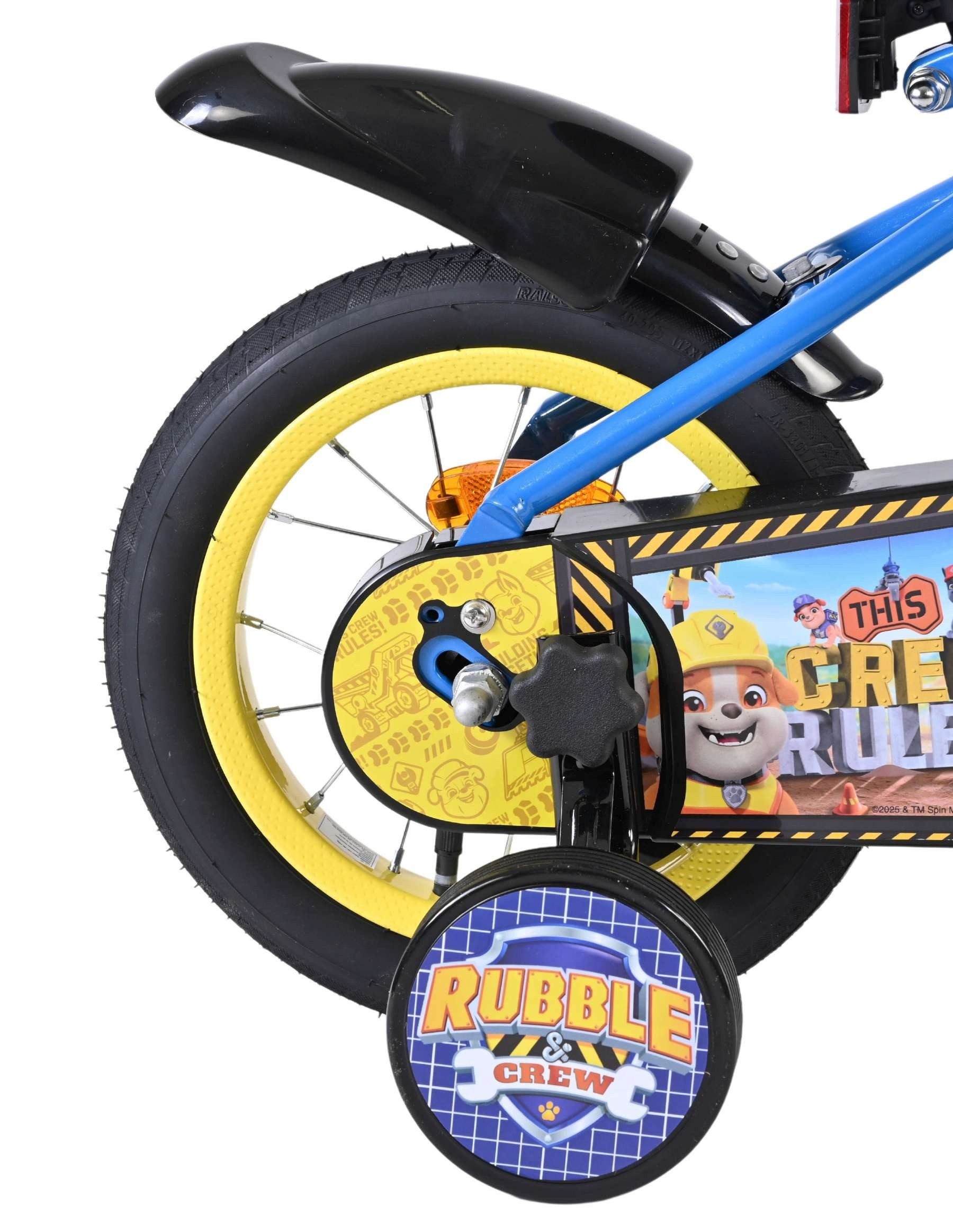 Volare Kinderfahrrad Rubble & Crew - 12 Zoll Jungen Blau mit Luftreifen und Stützrädern, Abnehmbares Rubble-Lenkerschild, Geschlossener Kettenschutz