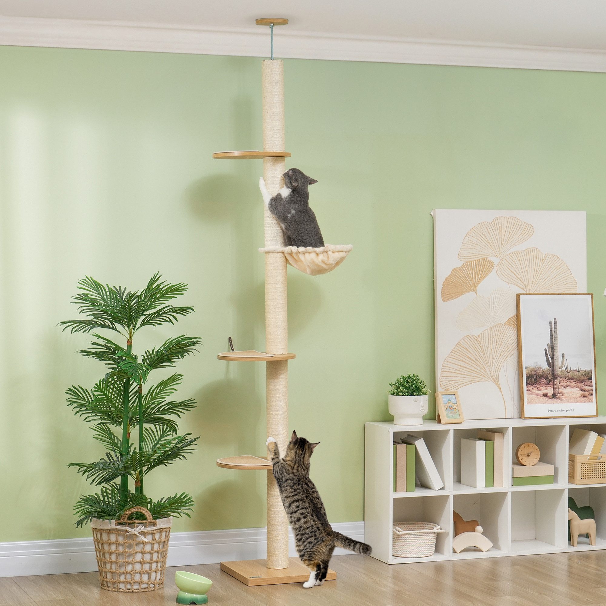 PawHut Kratzbaum Deckenhoch, 230-250 cm, mit Hängematte, höhenverstellbar, mit Kippschutz, Plüsch, Eiche+Cremeweiß