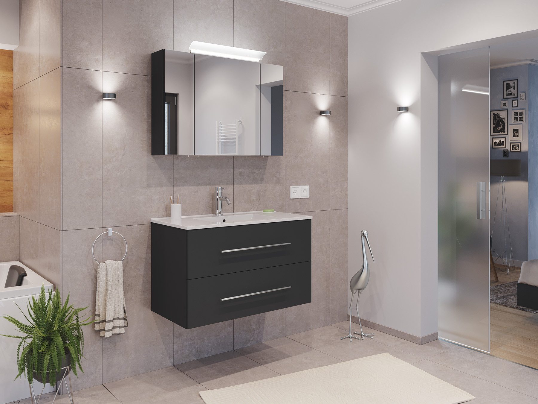 Magnolia Home Waschtisch Badmöbel Set Firenze 80 2tlg. Spiegelschrank Softclose grafit