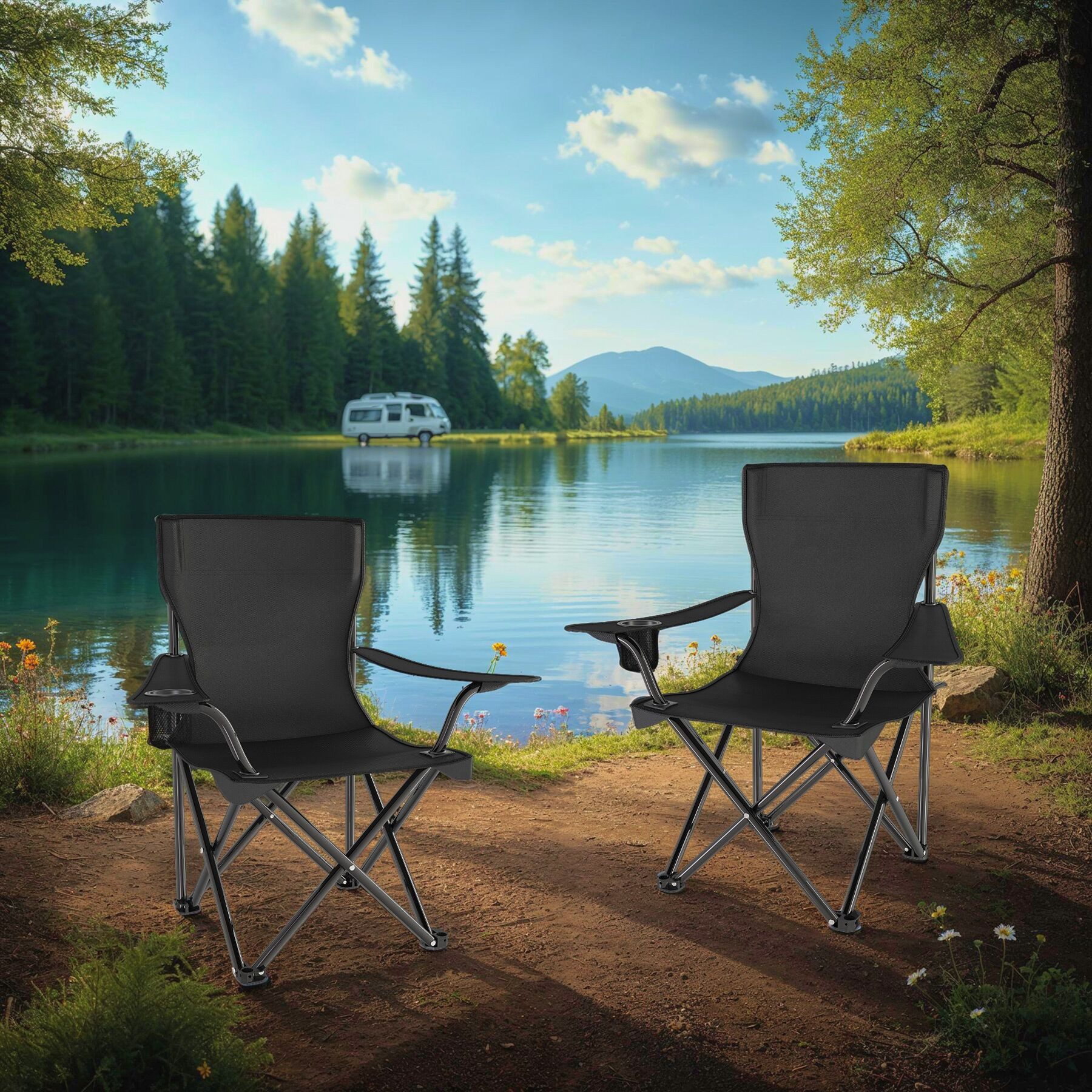 tectake Campingstuhl Gartenstuhl faltbar, mit Getränkehalter, 80 x 48 x 84,5 cm (Outdoor Klapptstuhl Gil für Außen in Schwarz, 4 St), geringes Gewicht, inkl. Tragetasche