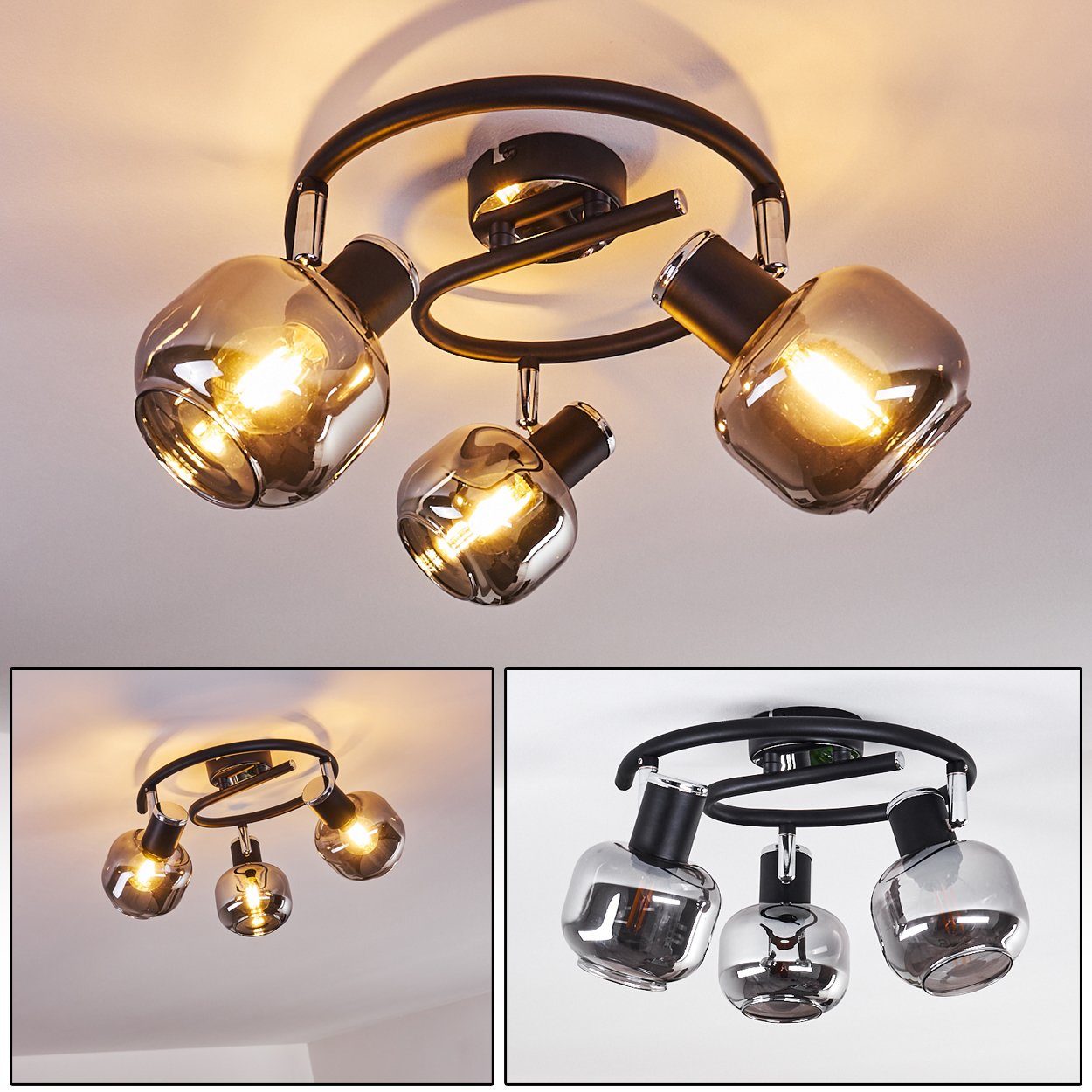 Deckenlampe aus Leuchtmittel, 3xE14, Strahlern, in hofstein Schwarz/chrom/Rauchglas, runde »Perito« Metall/Glas mit verstellbaren im Retro-Design ohne Deckenleuchte