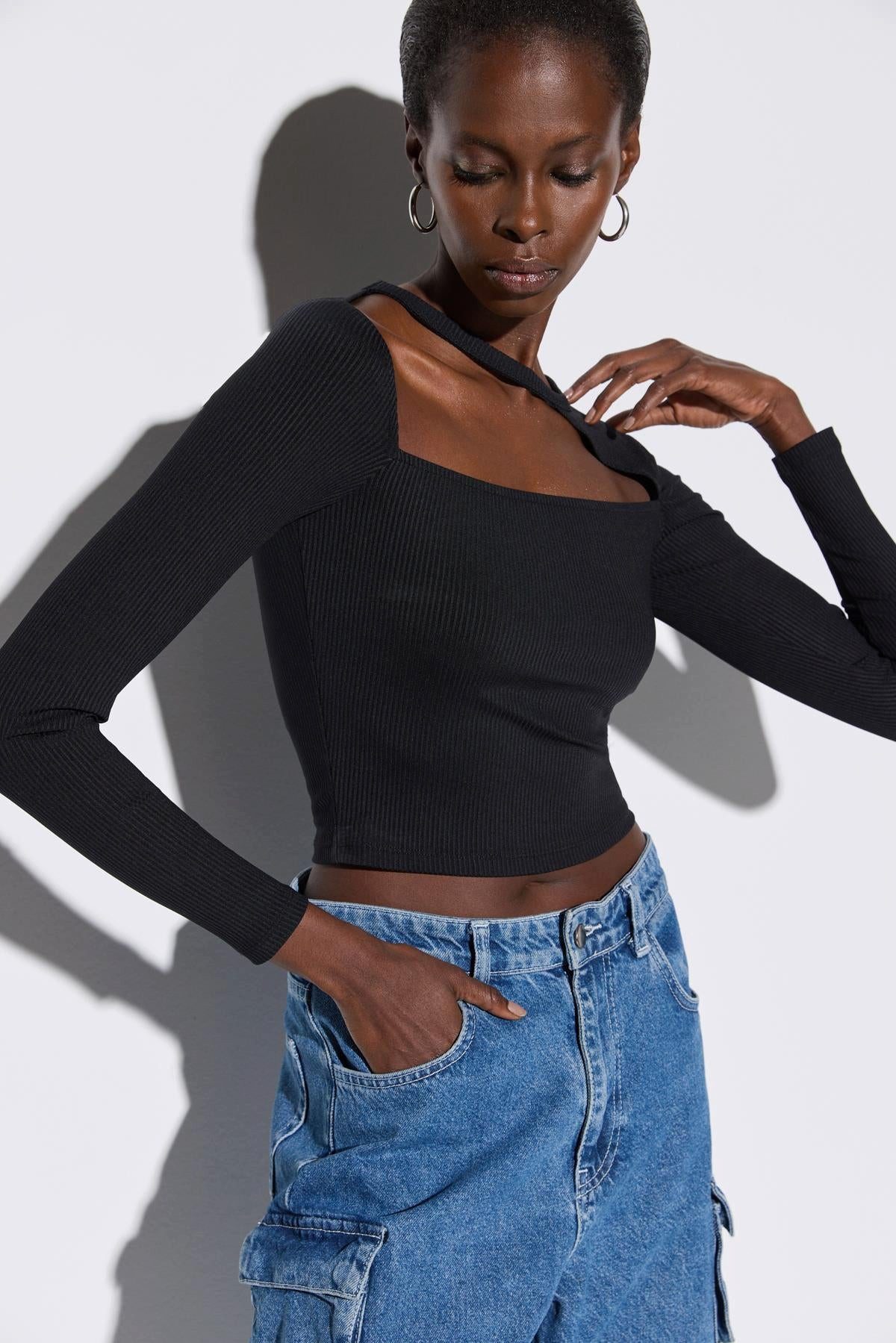No Matter What Blusentop Gerippte, langärmelige Crop-Bluse