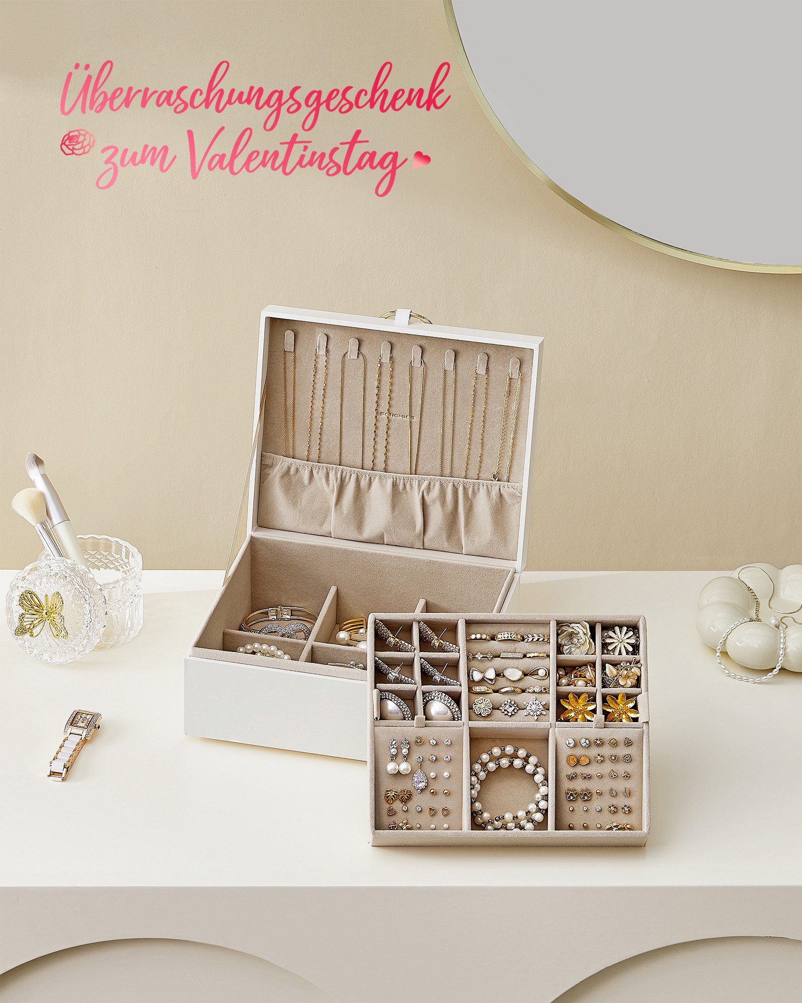 SONGMICS Schmuckkasten Schmuckbox Schmuckaufbewahrung, 2 Ebenen, mit Griff, flexibles Schmucktablett