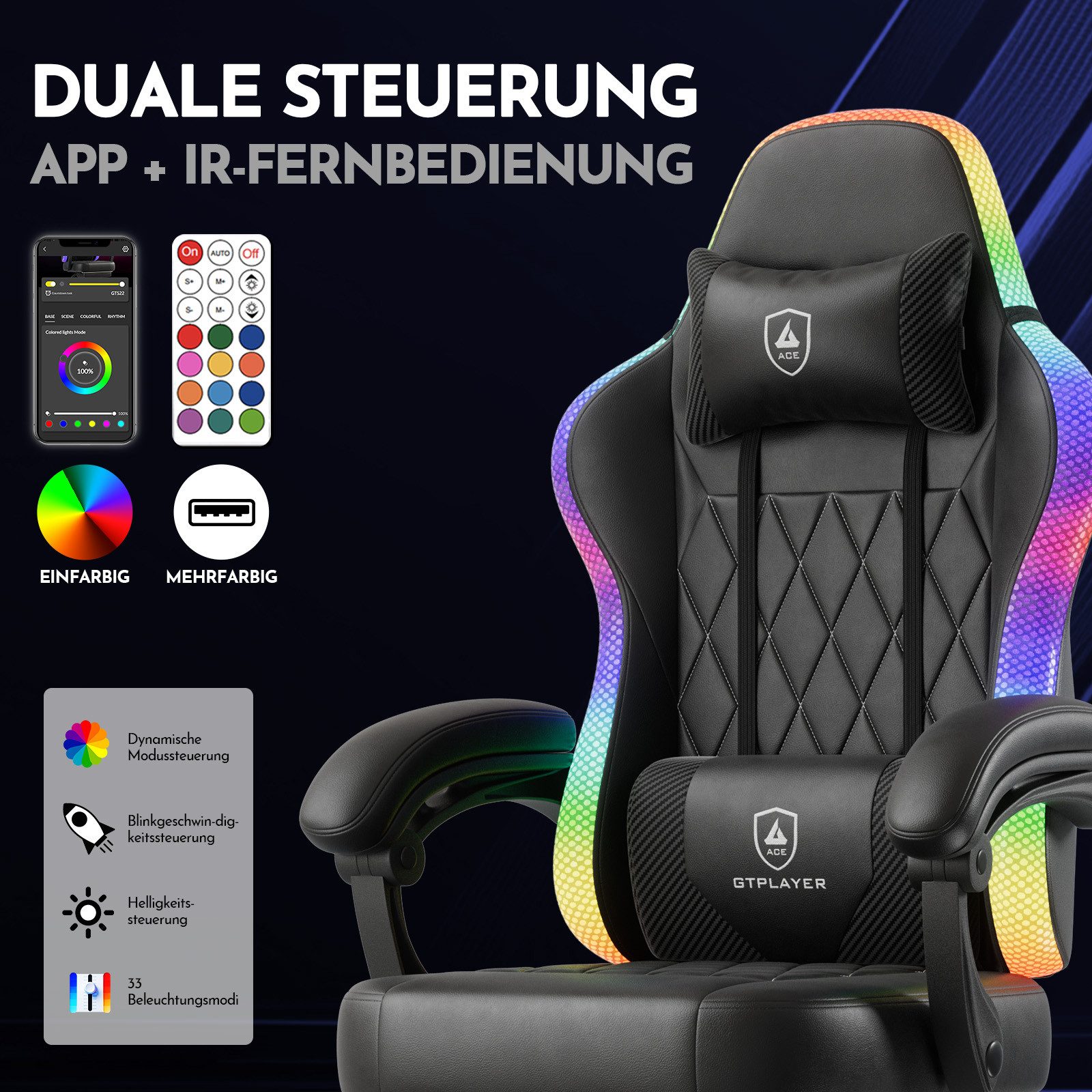 GTPLAYER Gaming-Stuhl Bürostuhl Gaming Chair mit LED Lichtleiste, Gamer Stuhl, Rückenlehne mit Aufbewahrungstasche PC Stuhl mit Fernbedienung