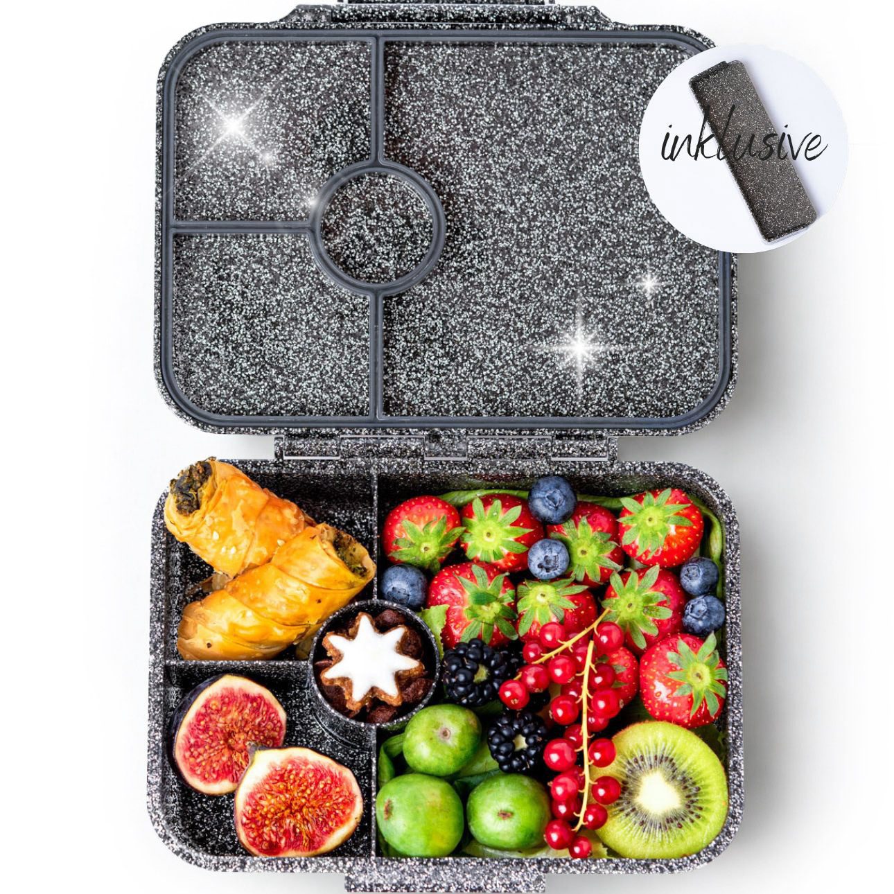 LEKKABOX Lunchbox Glitzer Brotdose, 4 Fächer - Kinder Bento Box Vesperdose Brotbox, Für feuchte Lebensmittel auslaufsichere Bento Box, inkl. extra Trenner