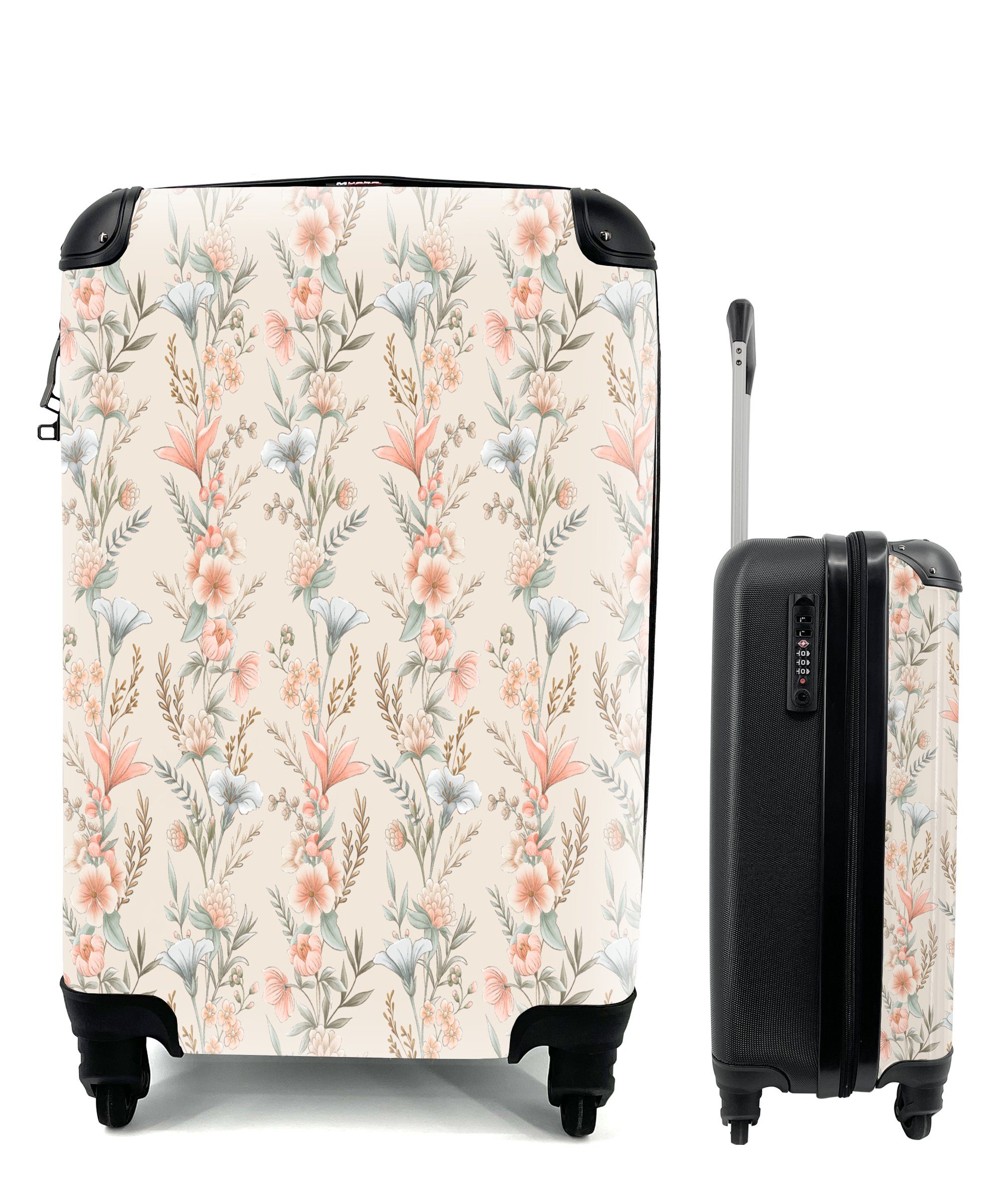 MuchoWow Handgepäckkoffer Blumen - Vintage - Muster, 4 Rollen, Reisetasche mit rollen, Handgepäck für Ferien, Trolley, Reisekoffer