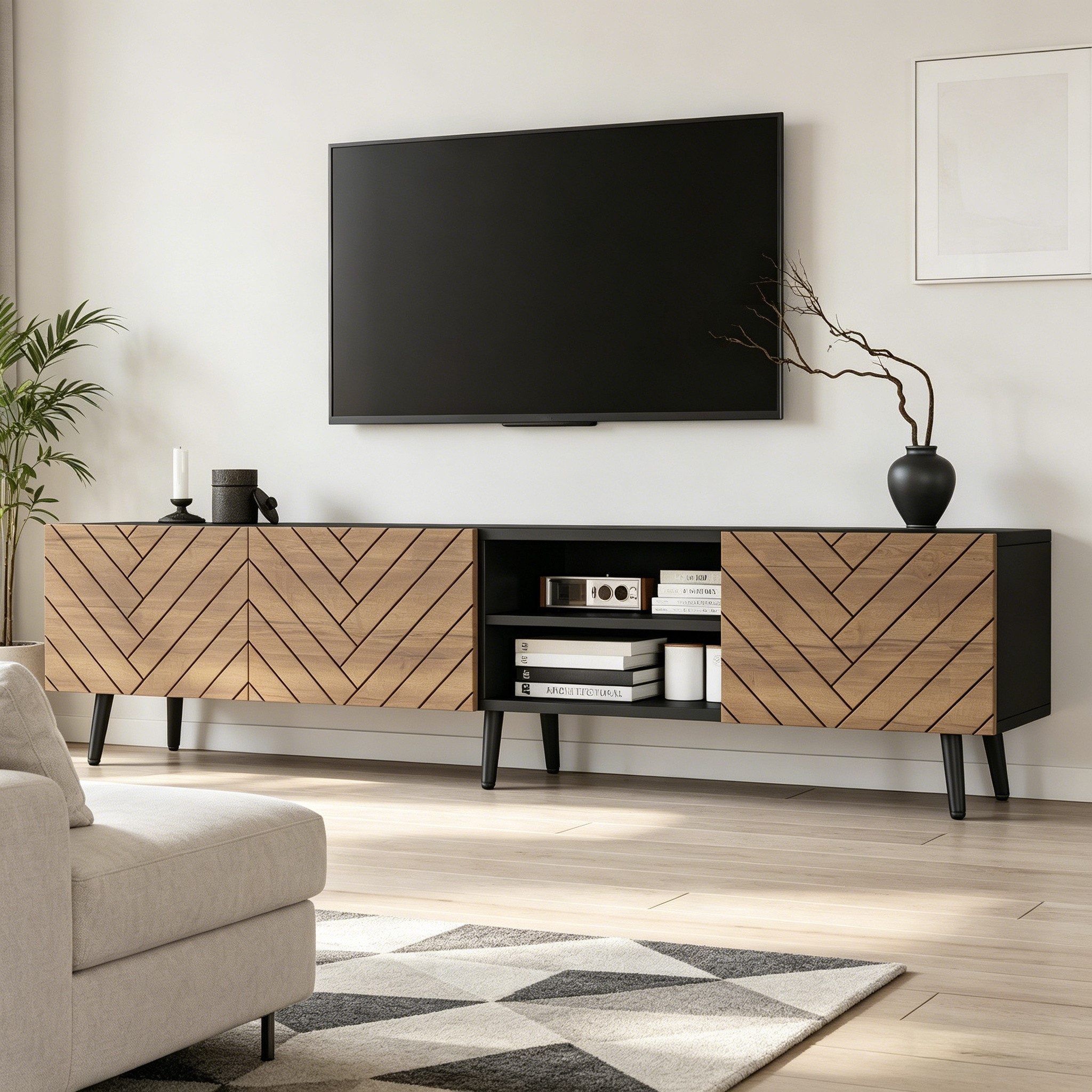 BlingBin Lowboard TV Schrank 180 cm mit Fischgrätenfront, offenem Mittelfach (Fernsehschrank, 1 St., TV Lowboard 180x33,5x45 cm), TV-Schrank in Holzoptik/Schwarz, für Fernseher bis 75 Zoll