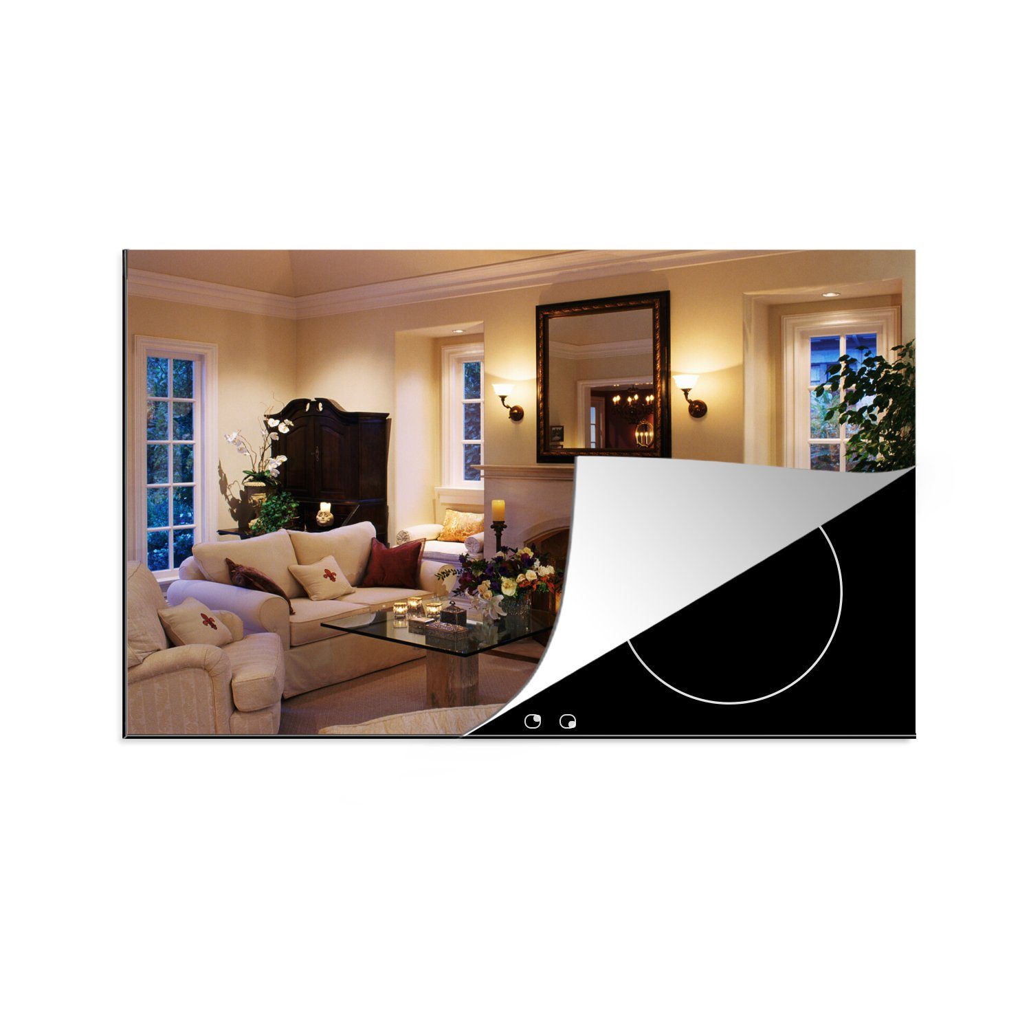 MuchoWow Herdblende-/Abdeckplatte Ein Kamin in einem luxuriösen Zimmer, Vinyl, (1 tlg), 81x52 cm, Induktionskochfeld Schutz für die küche, Ceranfeldabdeckung