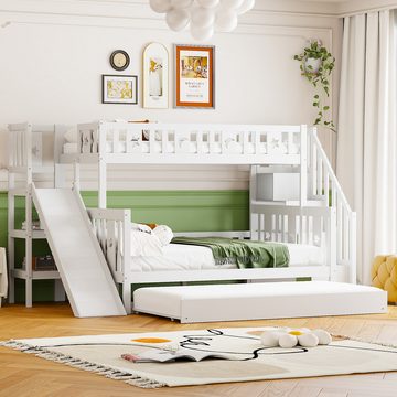 IDEASY Etagenbett Jugendbett, Kinderbett, weiß, 90*200/140*200 cm, mit Zaun, Rutsche, Stautreppe, einfacher Aufbau