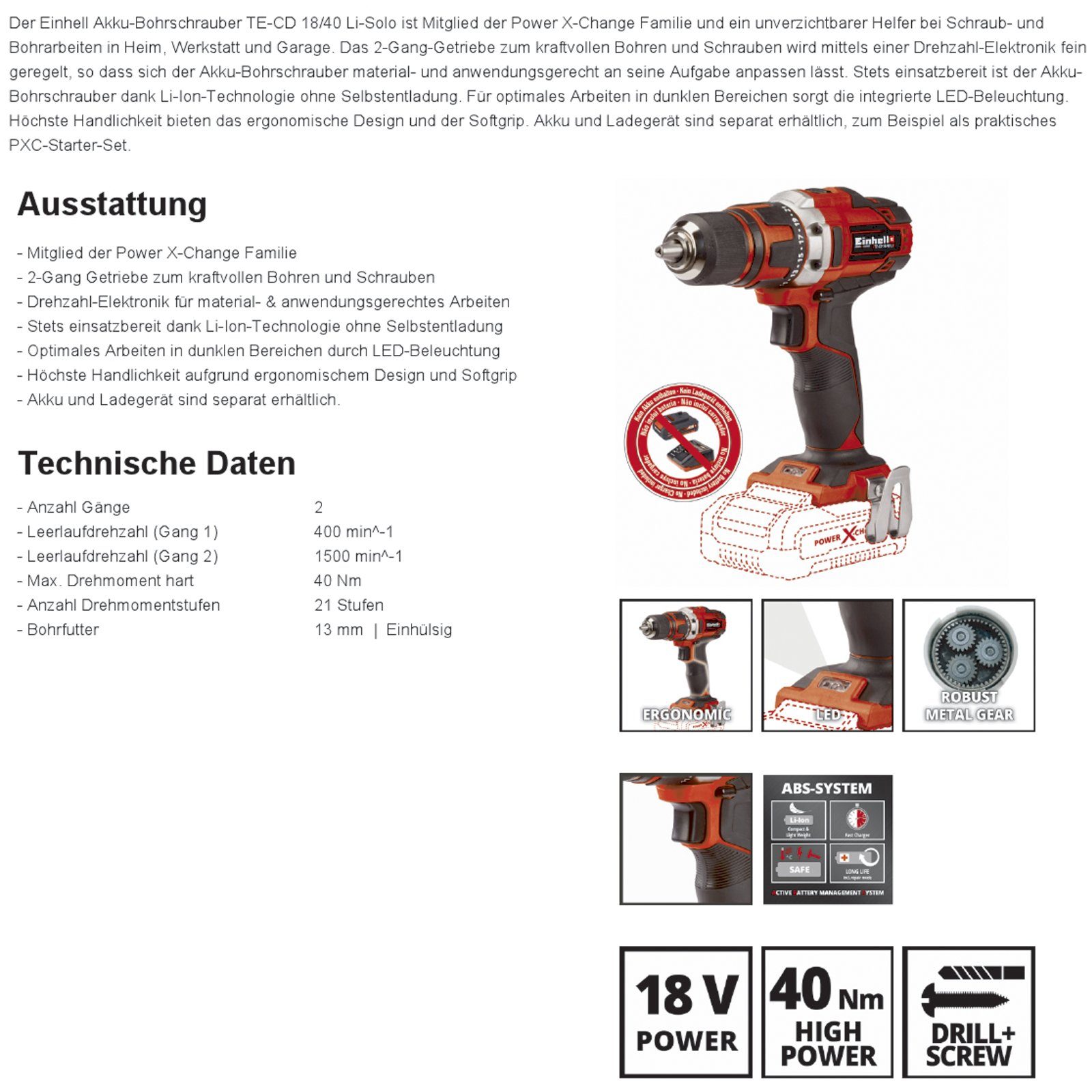 Akku 18/40 Akku-Bohrschrauber Starter Ah / und, Li Einhell + TE-CD 2.0 V Einhell Bohrschrauber Kit
