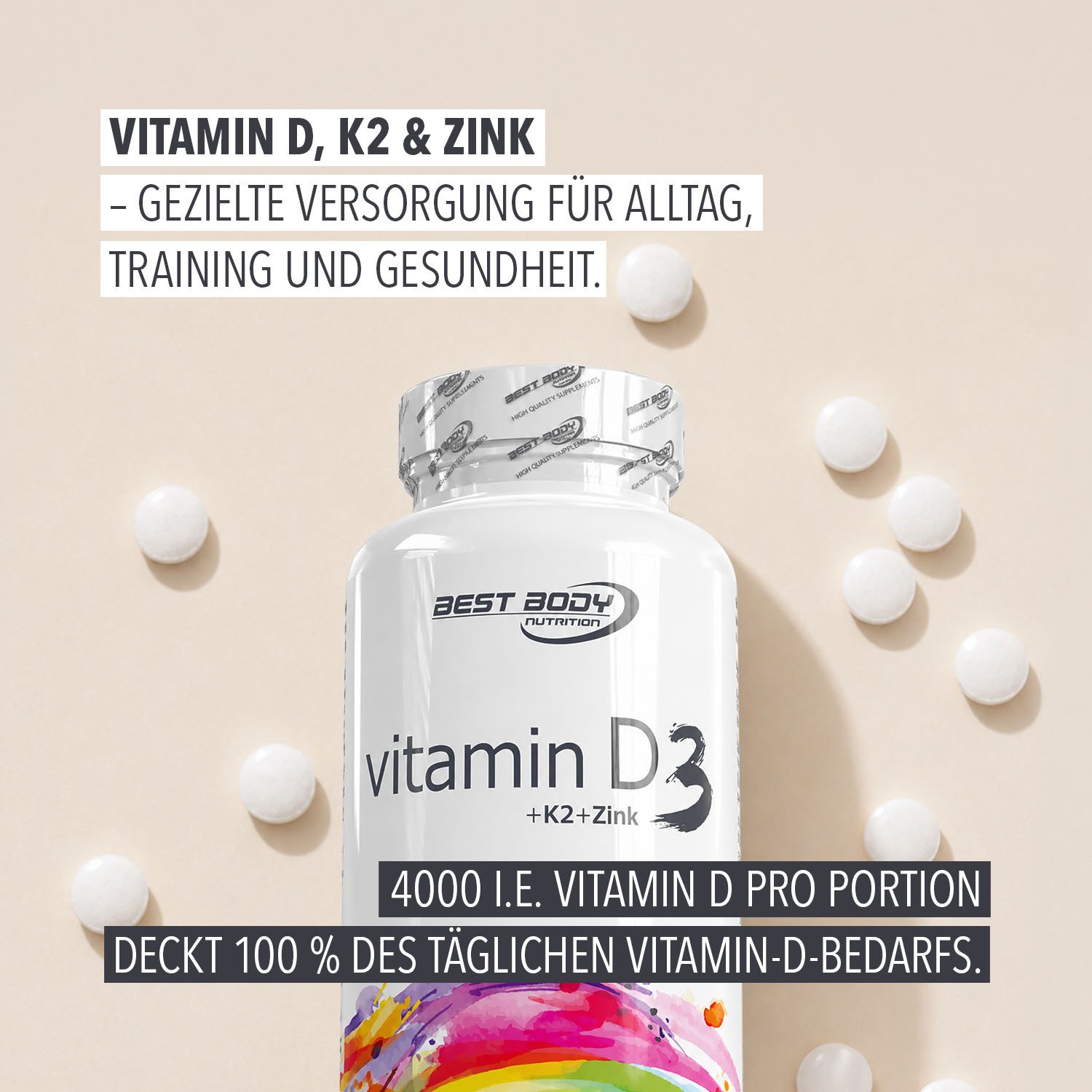 Best Body Nutrition Vitamin D3 + K2 + Zink Tabs - 80 Stück/Dose Tablette, 80 g