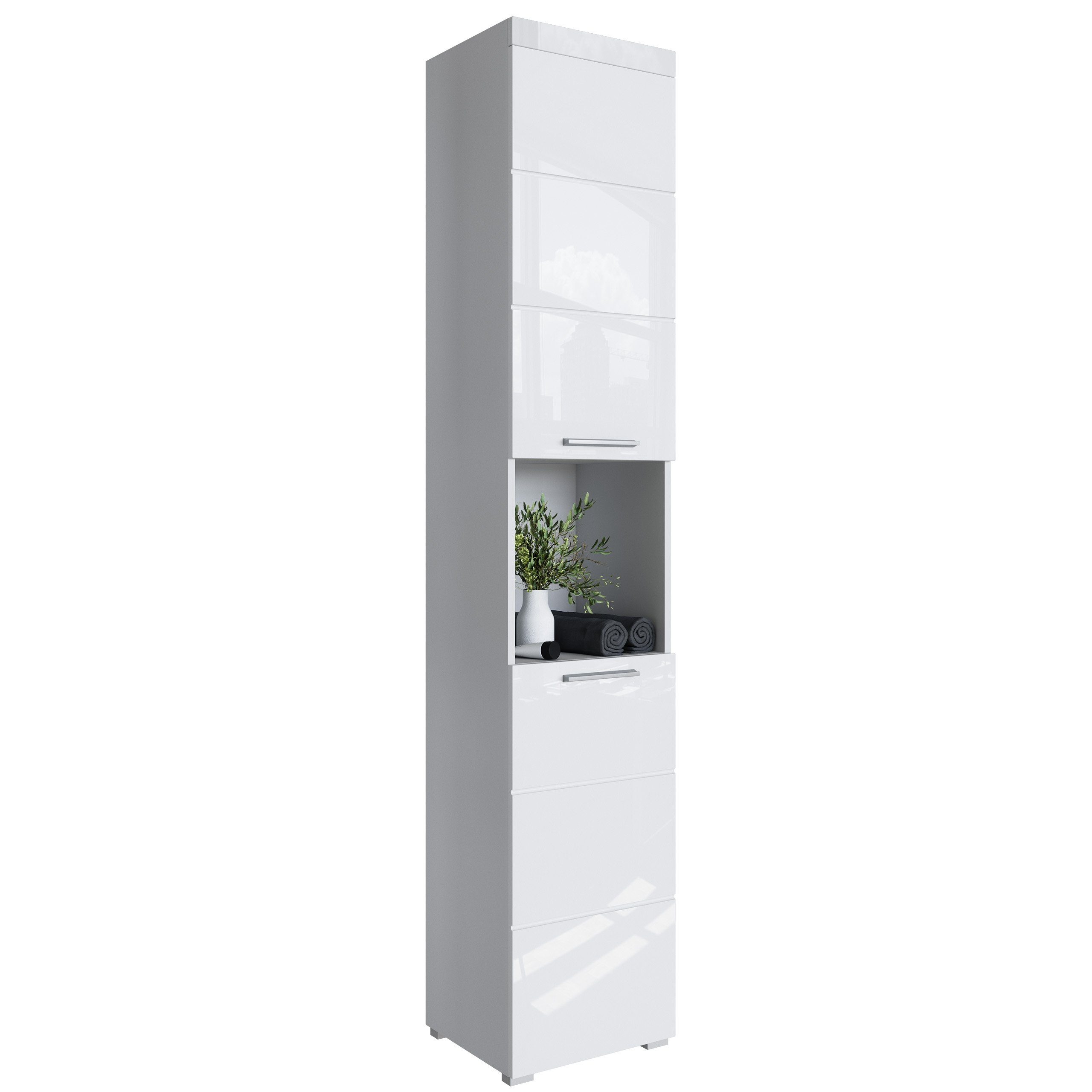 Newroom Hochschrank Weiß 190 cm Weiß Hochglanz Badezimmerschrank Hochschrank Wildeiche