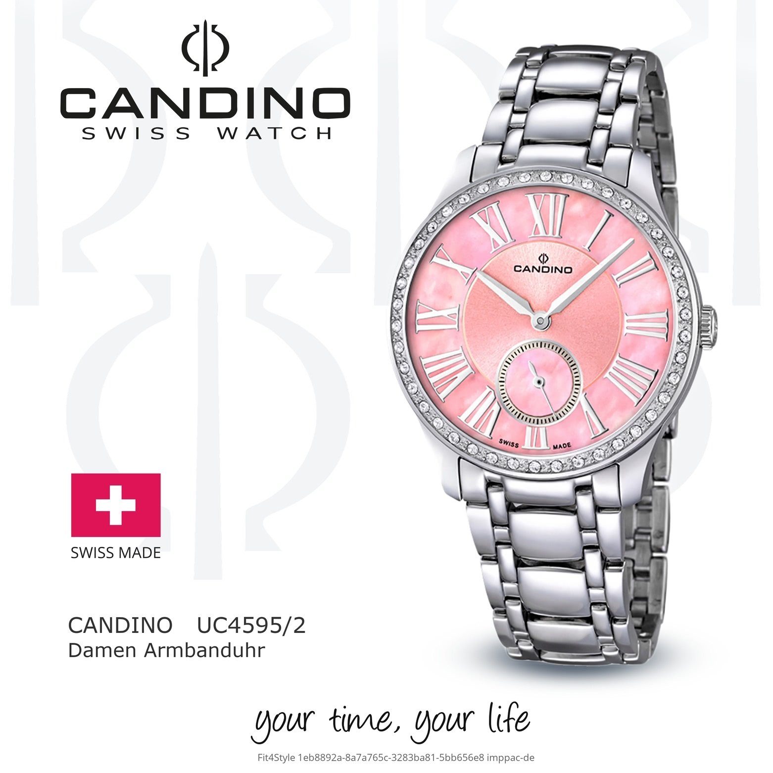 C4595/2, Damen Candino silber, Analog Candino rund, Damen Armbanduhr Fashion Quarzuhr Edelstahlarmband Uhr