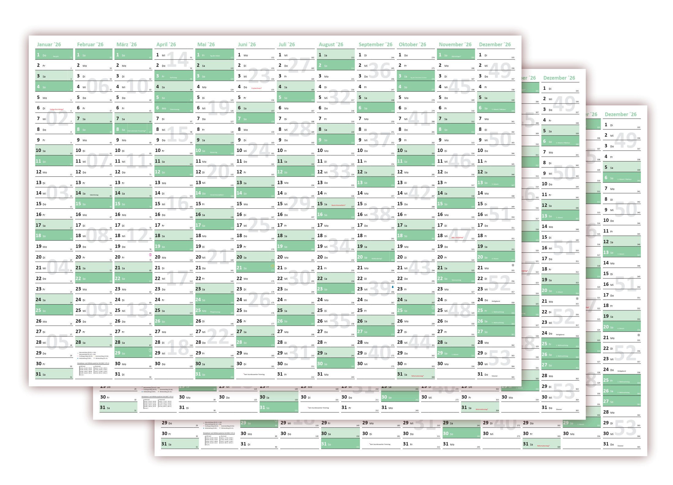 LYSCO Wandkalender Green Wandplaner 2026 / 2025 + 2026 DIN A3 Format (297 x 420 mm), 12 Monate von Januar bis Dezember, Kalender gerollt