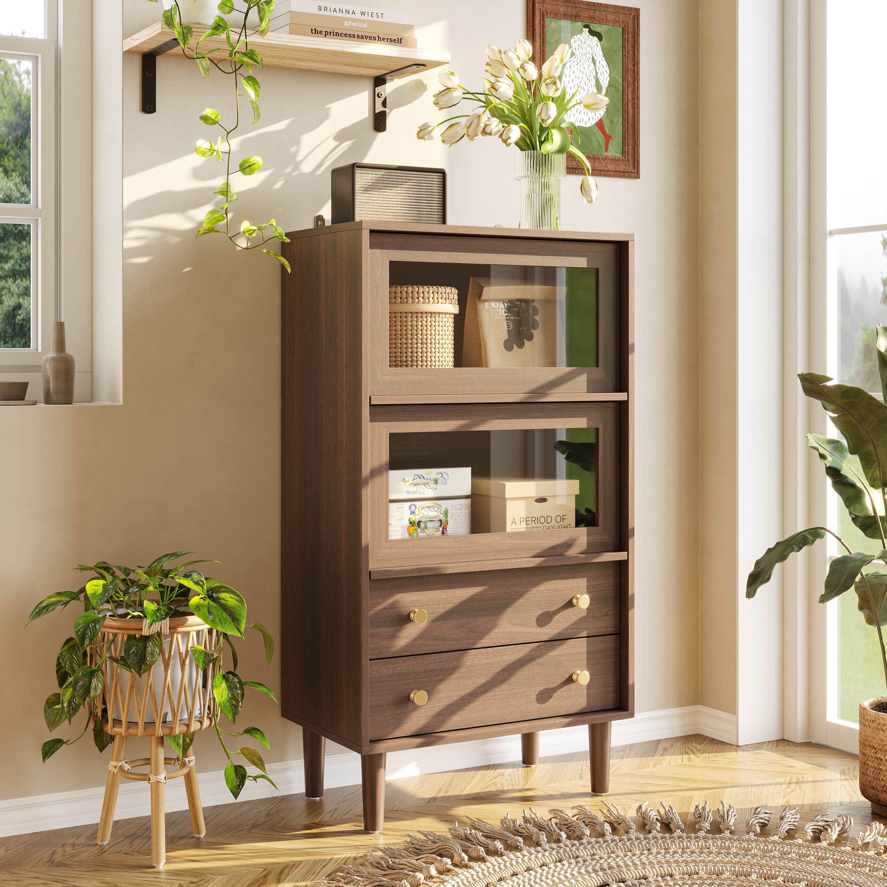 FUFU&GAGA Stauraumvitrine Vitrine mit Klapptüren, Walnussfarbe, MDF+Glas, 6 günstig online kaufen