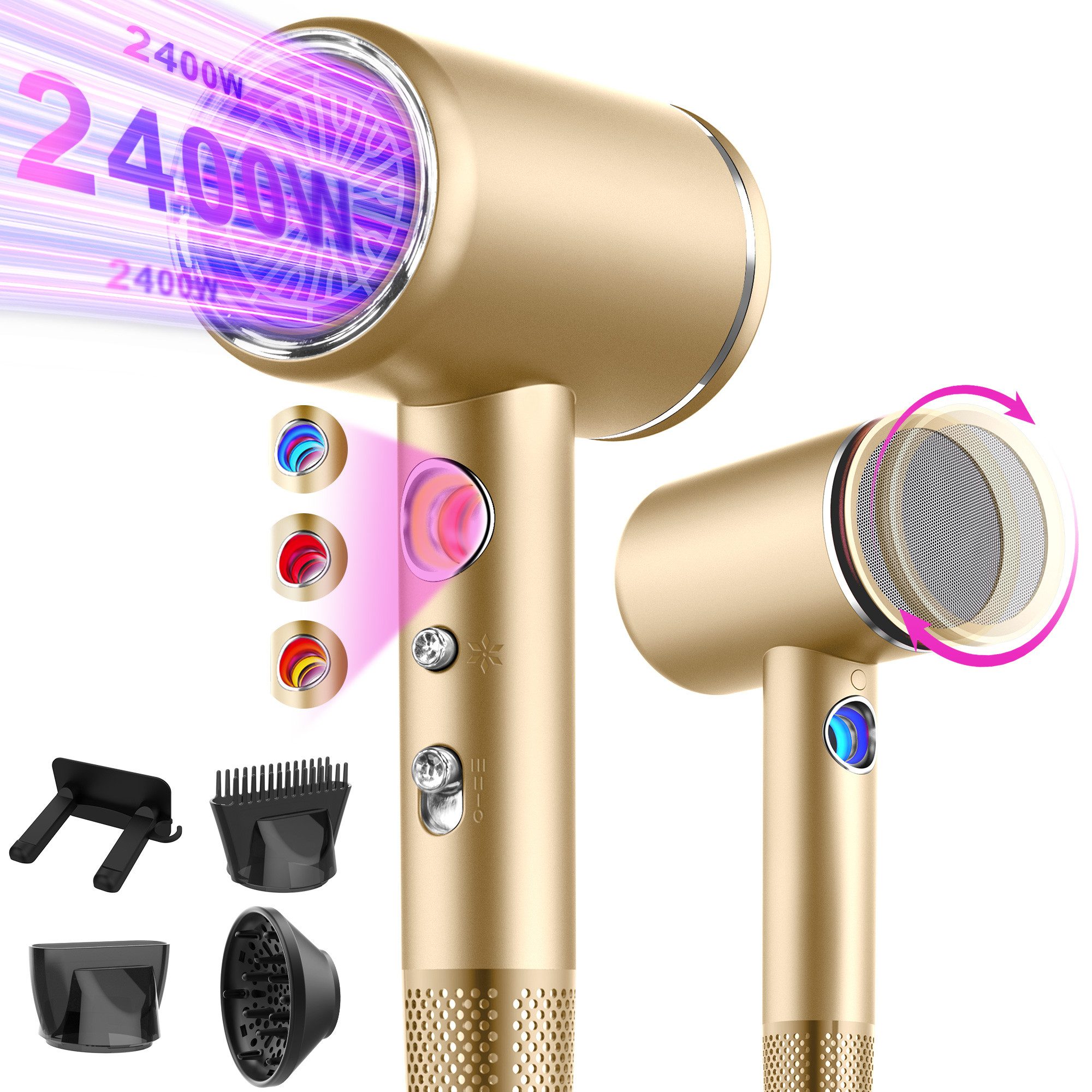 Forrlite Haartrockner Haartrockner,Föhn Ionen mit Diffusor 2400W AC Motor, 2400 W, 3 Stylingdüsen Klappbar Faltbarer Professional Ionen Haartrockner