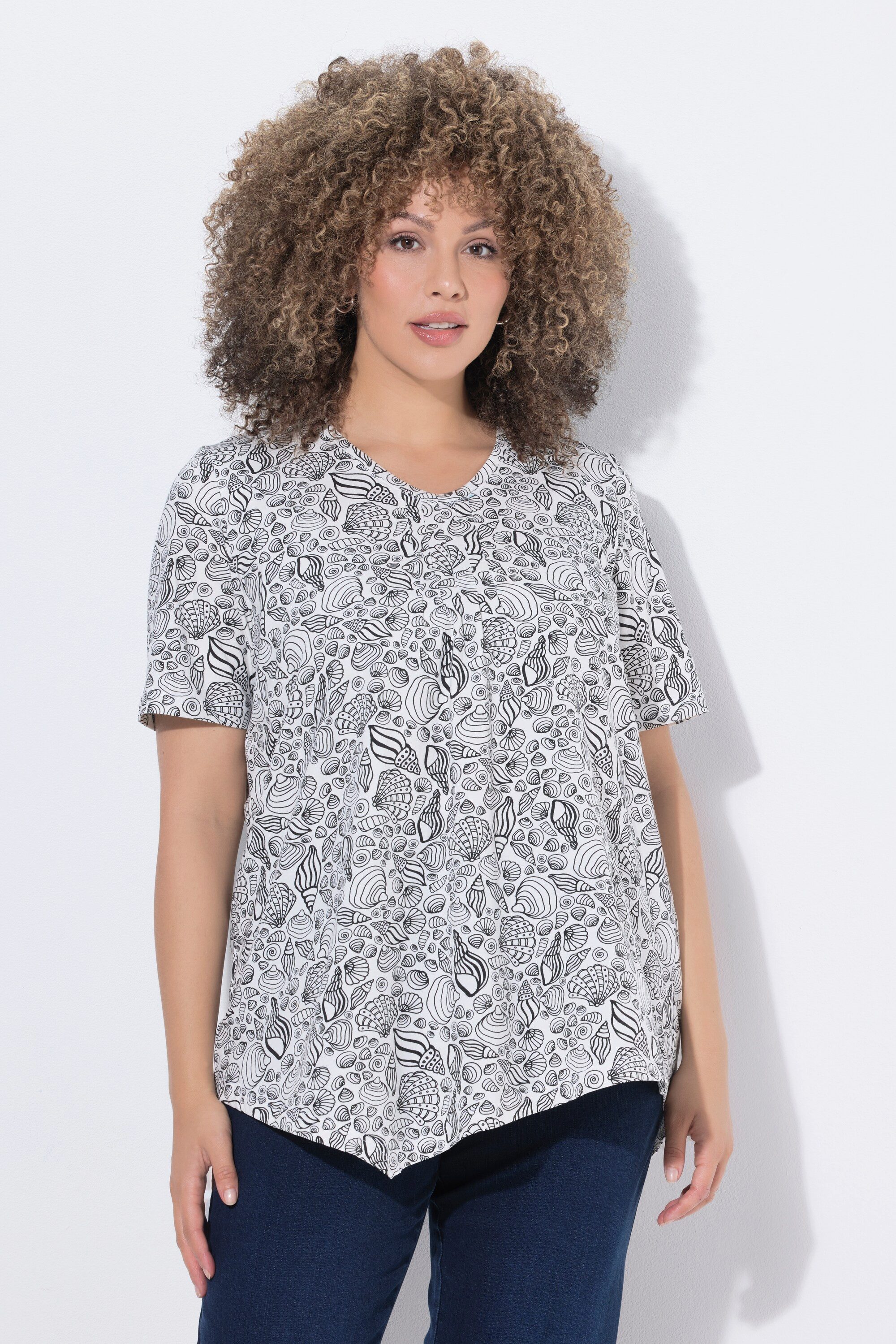 Ulla Popken T-Shirt T-Shirt Blüten Zipfelsaum V-Ausschnitt Halbarm