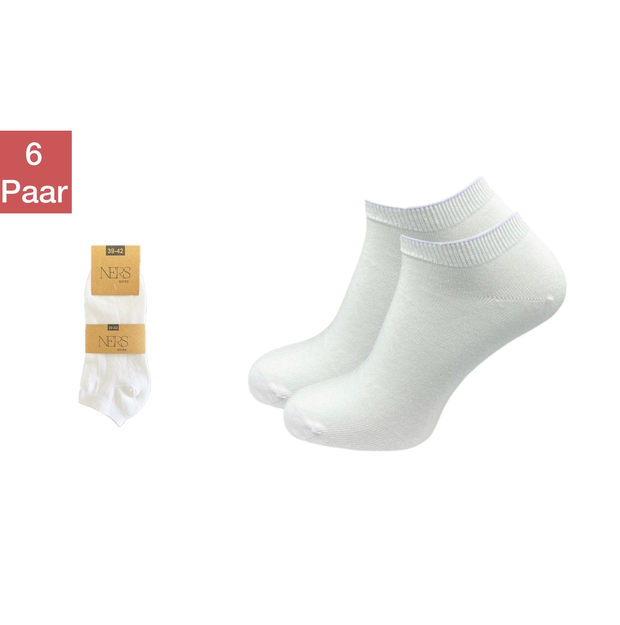 NERS Sneakersocken für Damen und Herren aus Baumwolle (6-Paar) mit Komfortbund Weiß