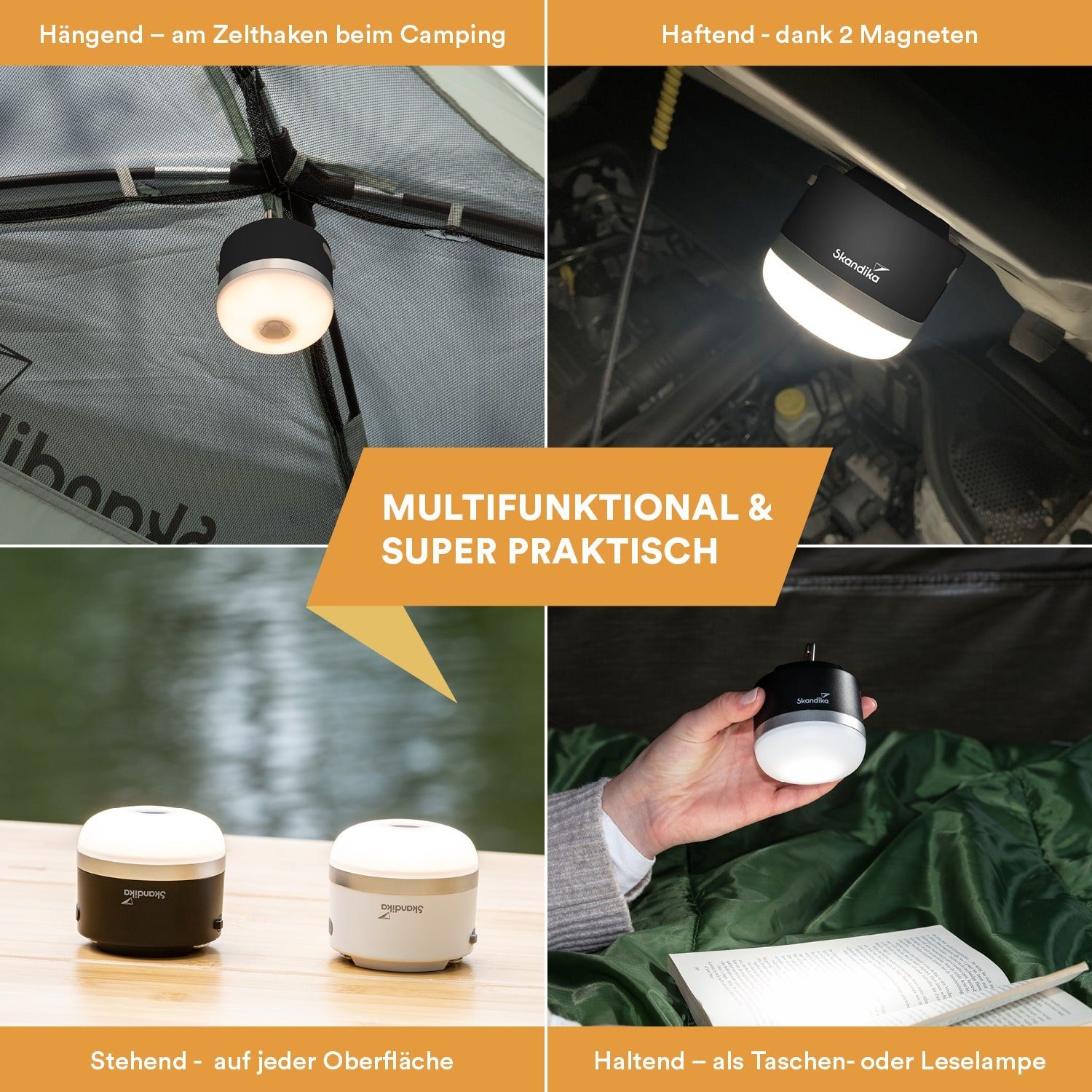Skandika LED Gartenleuchte 2er-Set Campinglampe Tarfala, USB Anschluss, 3600 mAh Powerbank, stufenlos dimmbar, 110 h Akku, Zeltlampe, Haken zum Aufhängen, Outdoor