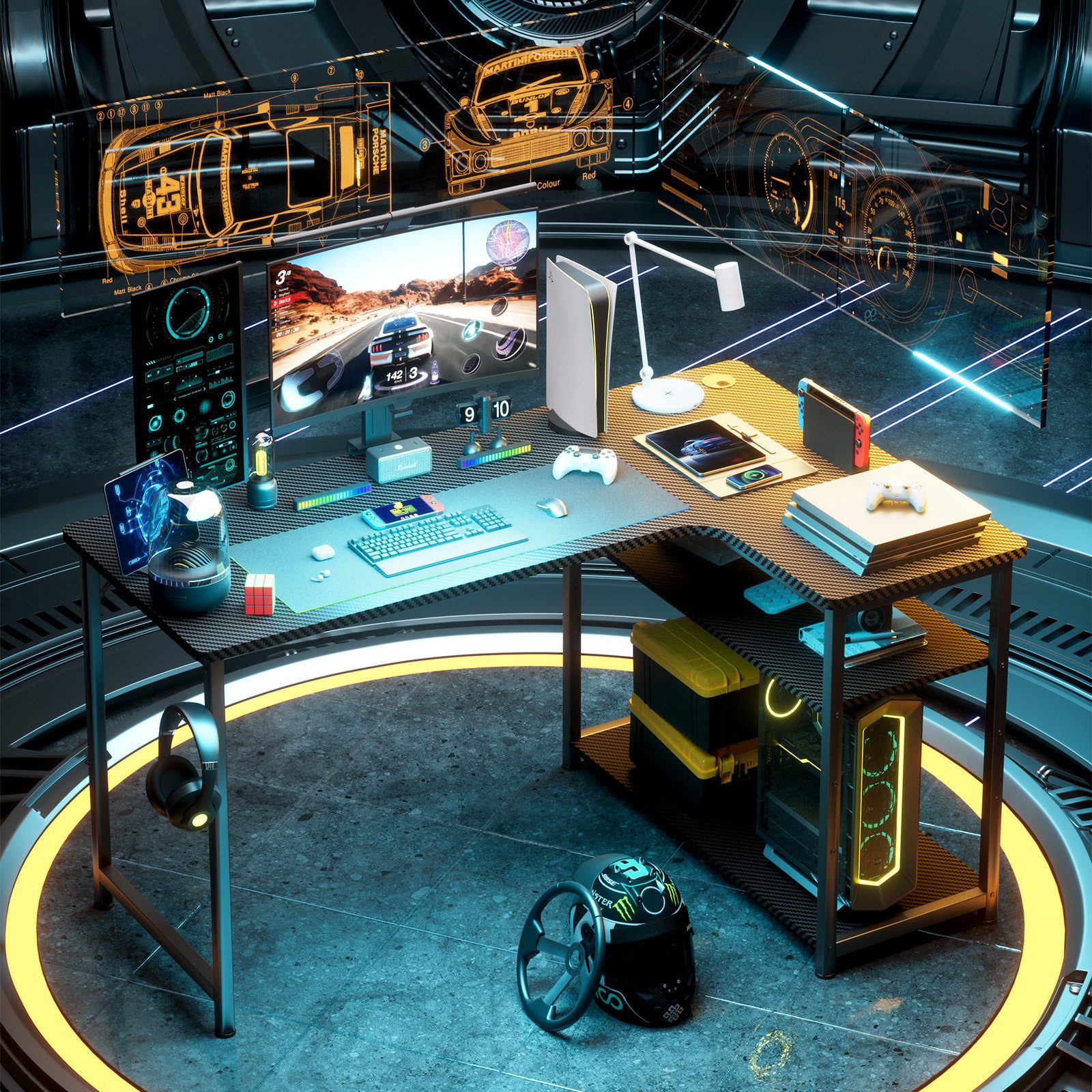 GTPLAYER Schreibtisch Gaming Tisch Eckschreibtisch mit Regal USB-Ladeanschluss und Steckdose (1 Tisch), 120/100cm Computertisch L Form, PC Tisch für Büro, Heimb – Bild 4 von 5