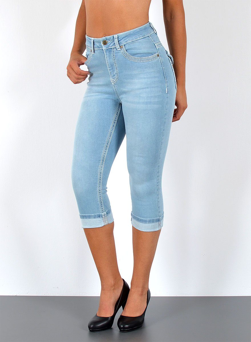 ESRA Caprijeans J563 Damen High Waist Capri Jeans mit dicker Naht, bis Übergröße / Plussize Größe, Damen 3/4 Capri Jeans-Hose Hochbund mit Kontrastnähte, bis Große Größen, Damen Caprijeans High Rise mit weißer Doppelnaht