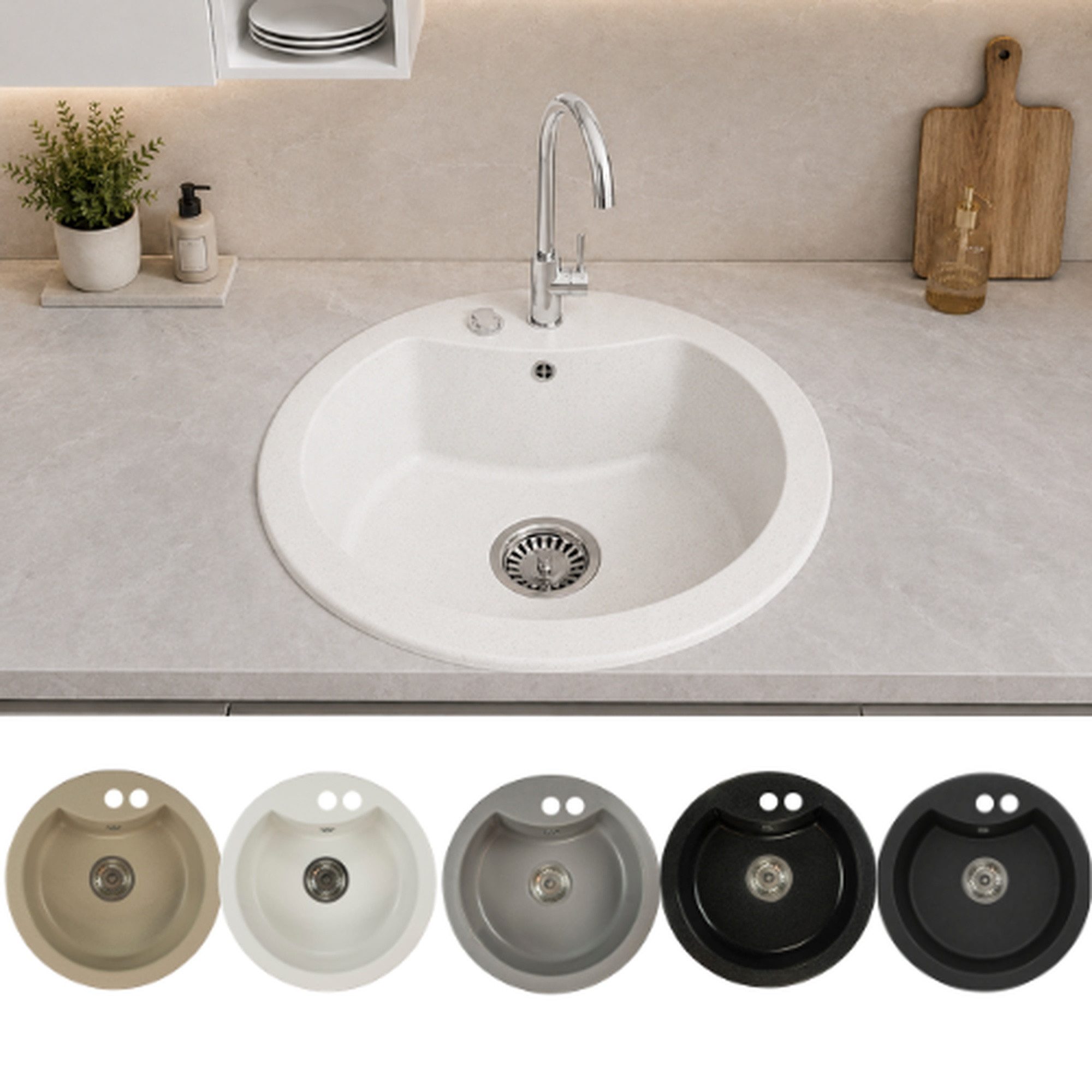Faizee Möbel Granitspüle Granitspüle Einbauspüle rund Spülbecken+Drehexcenter+Siphon 49cm, Rund