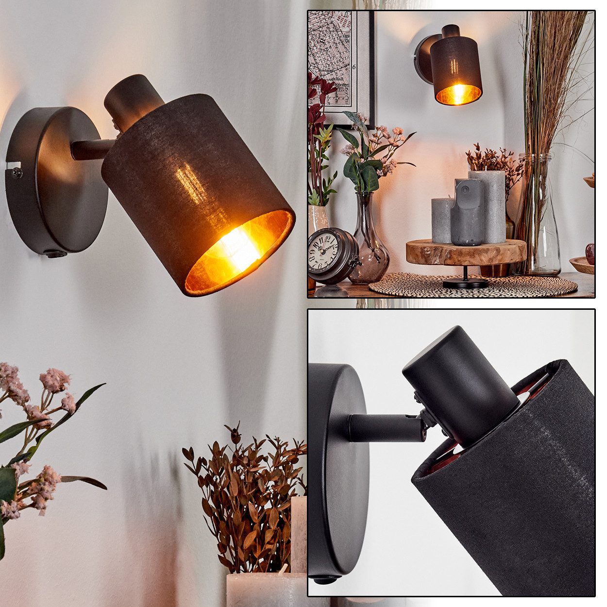 hofstein Wandleuchte Wandlampe aus Metall/Stoff in Schwarz/Kupfer mit Schalter am Gehäuse, ohne Leuchtmittel, verstellbare Wandleuchte im modernen Design mit Stoffschirm, E14