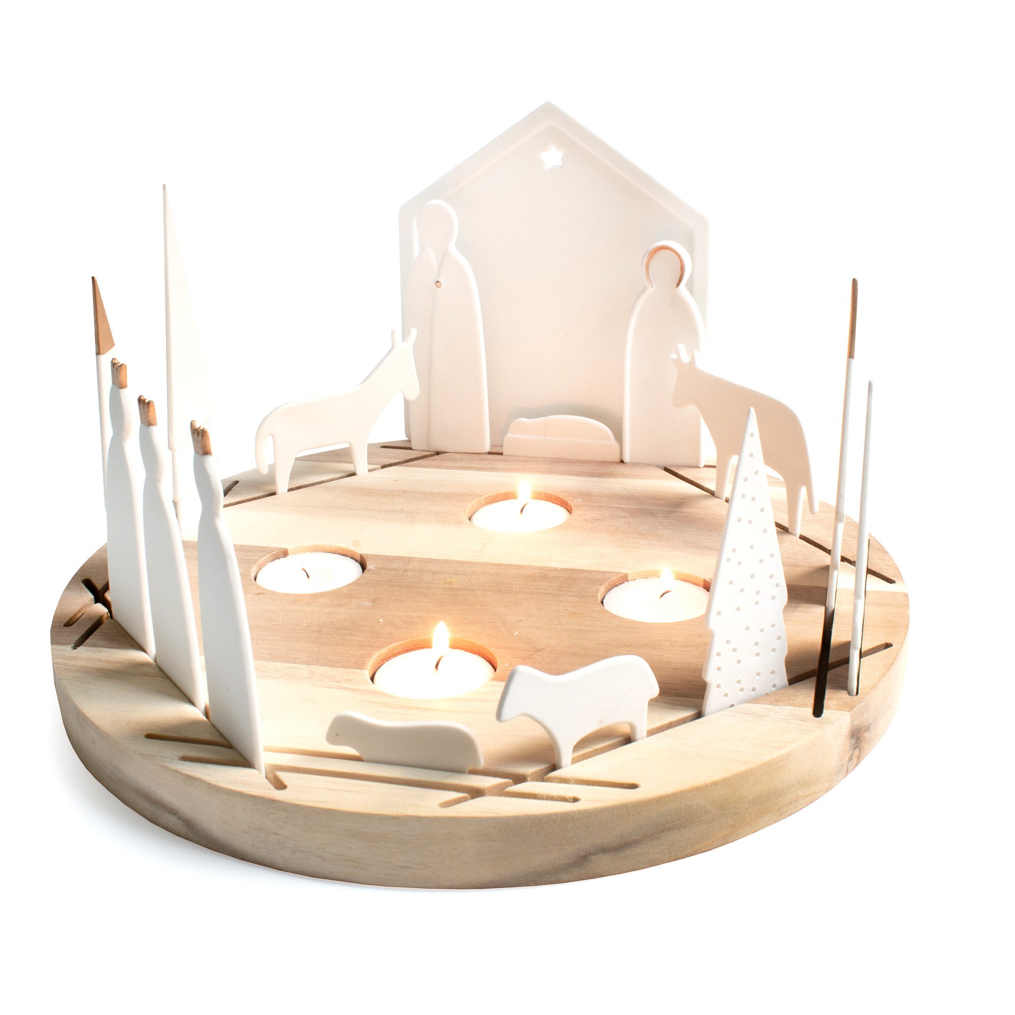 Räder Design Windlicht räder Lichtobjekt rund Krippe aus Akazienholz 16Teile + gratis räder
