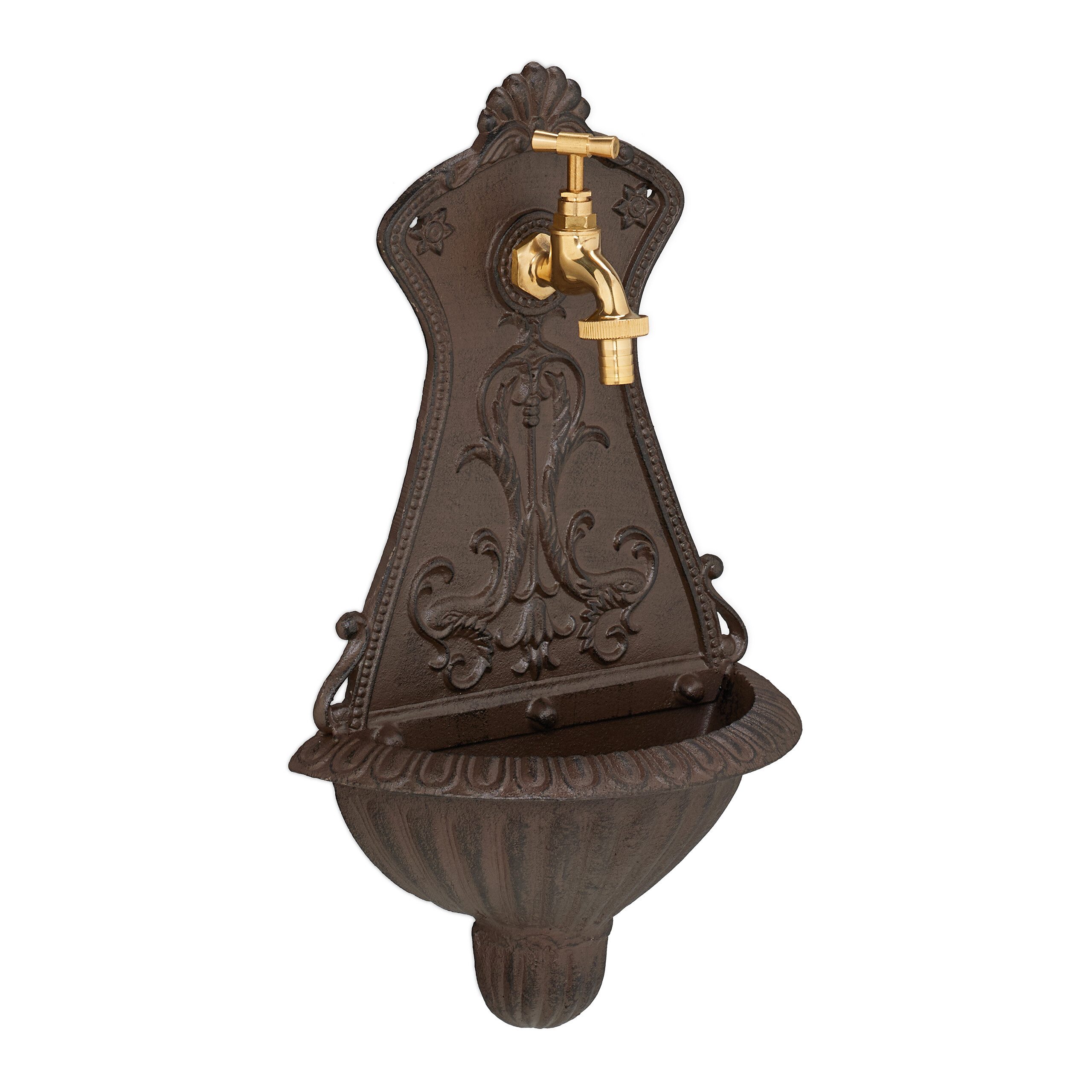 relaxdays Gartenbrunnen Wandbrunnen mit Verzierung, 24.5 cm Breite, Wasserbecken BxT: 20x8.5 cm, braun