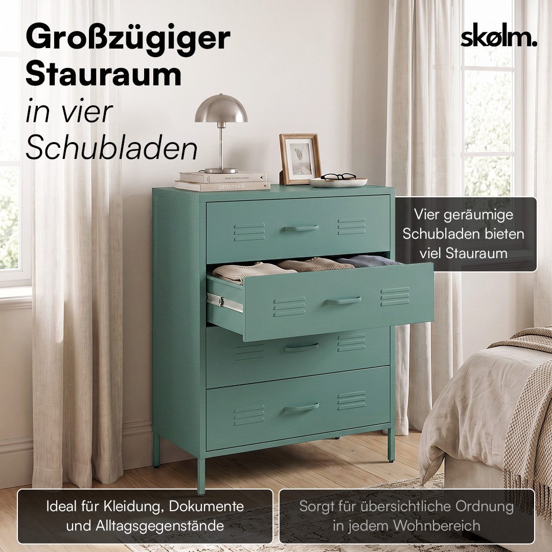 skølm Kommode Atria aus Metall (Dunkelgrün), Sideboard mit 4 Schubladen, Metallschrank mit höhenverstellbaren Füßen – Bild 2 von 5