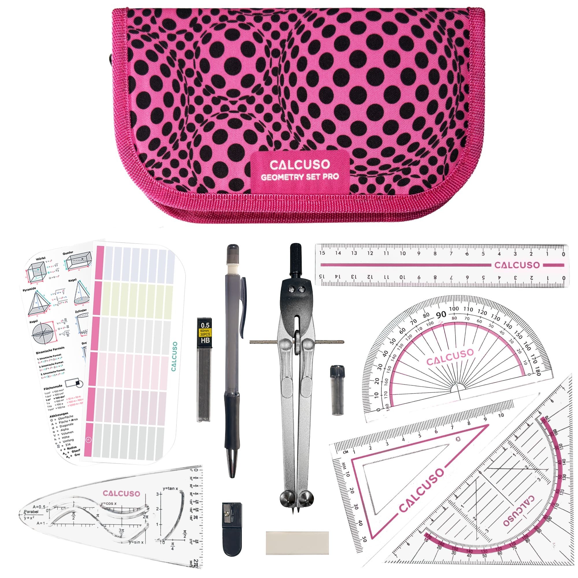 CALCUSO Zirkel Set im Federmäppchen mit Geodreieck & Lineal, Geometrieset - Pink