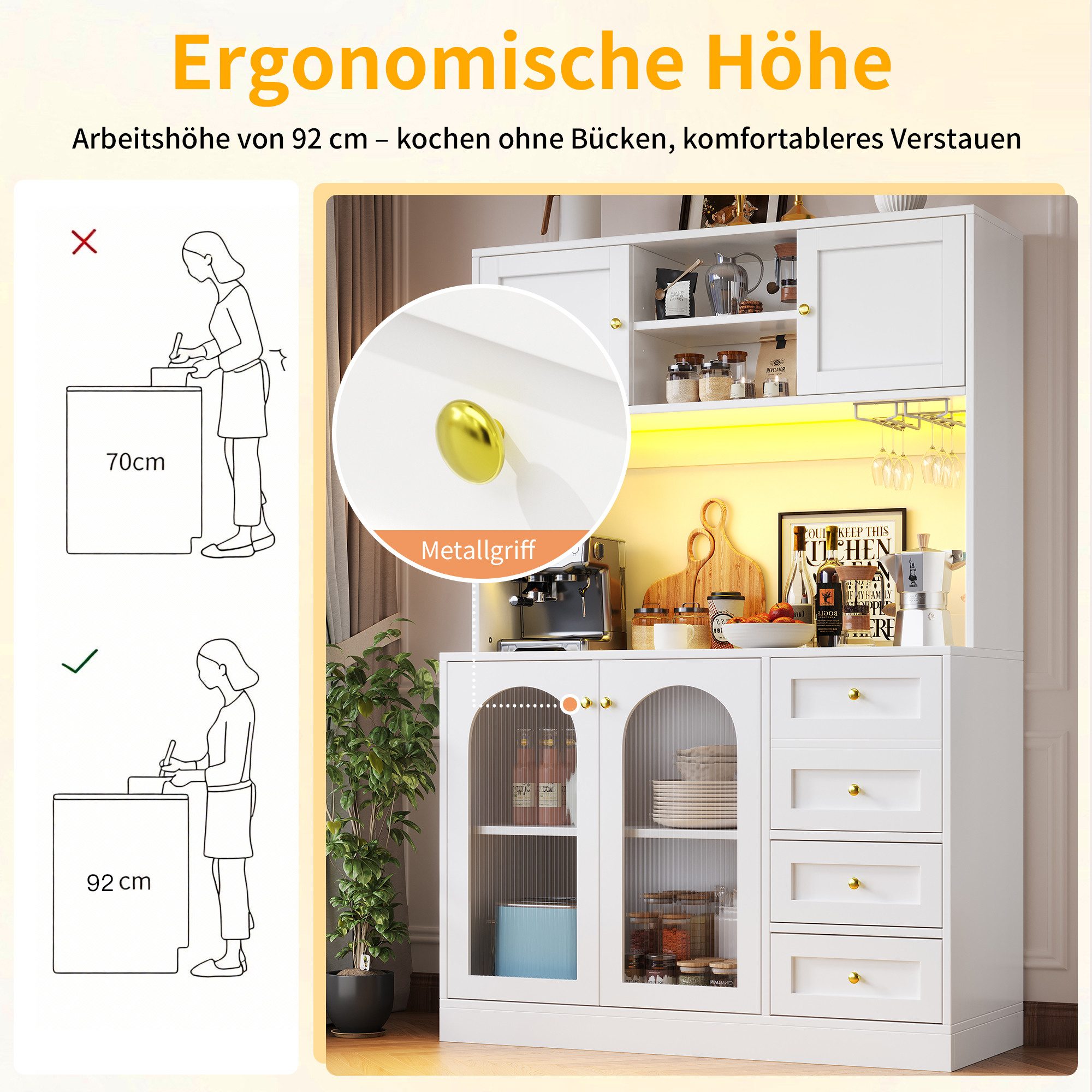 Celya Küchenbuffet Buffetschrank Landhausstil 120x40x188 cm mit LED-Lichtleiste (4 Türen, 3 Schubladen, Eingebaute Kippsicherung)