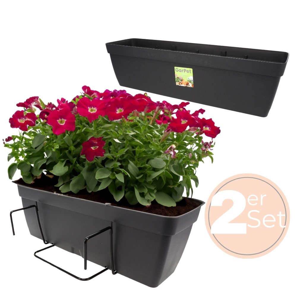 GarPet Balkonkasten 2x Blumenkasten Balkon Geländer Kasten Halterung Wasserspeicher 50 cm