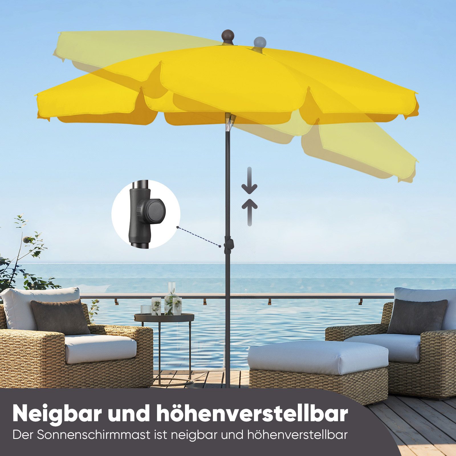 Sekey Balkonschirm 200cm Sonnenschirm Rund Gartenschirm Terrassenschirm mit UV-Schutz 50, Balkonschirm höhenverstellbar, Stabiler Sonnenschirm knickbar