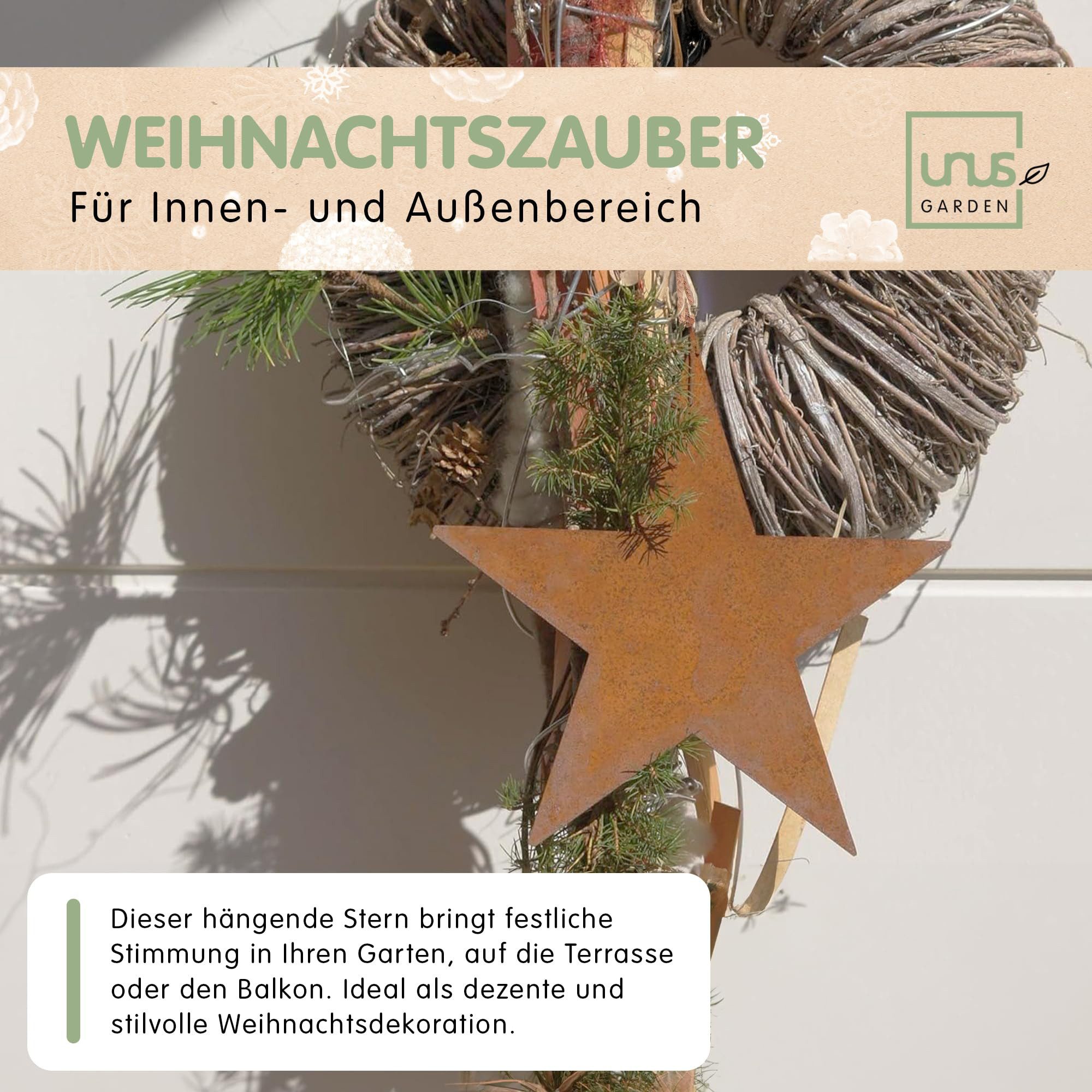 UNUS GARDEN Dekofigur Deko Sterne Metall Rostoptik (3er Set), Dekosterne zum Aufhängen für Drinnen und Draußen