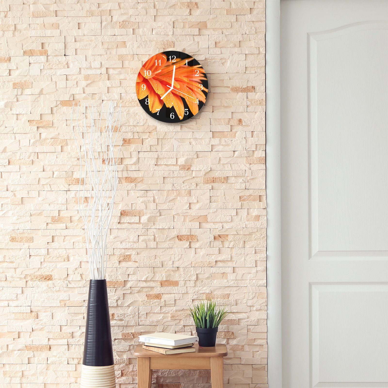 Primedeco Wanduhr Wanduhr aus Glas Durchmesser Motiv cm mit mit und Rund Blüte Tau Quarzuhrwerk 30 auf 