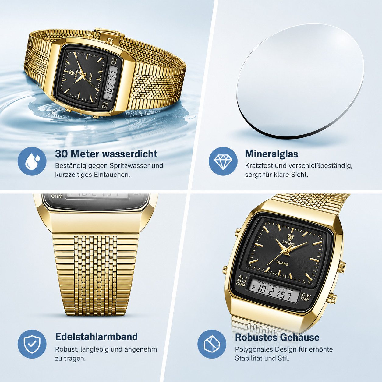 ibettertec Quarzuhr Herrenuhr Analog-Digital mit Dualzeit, Alarm und Stoppuhr, Doppelwerk, Edelstahlarmband, 3ATM wasserdicht – Bild 4 von 5