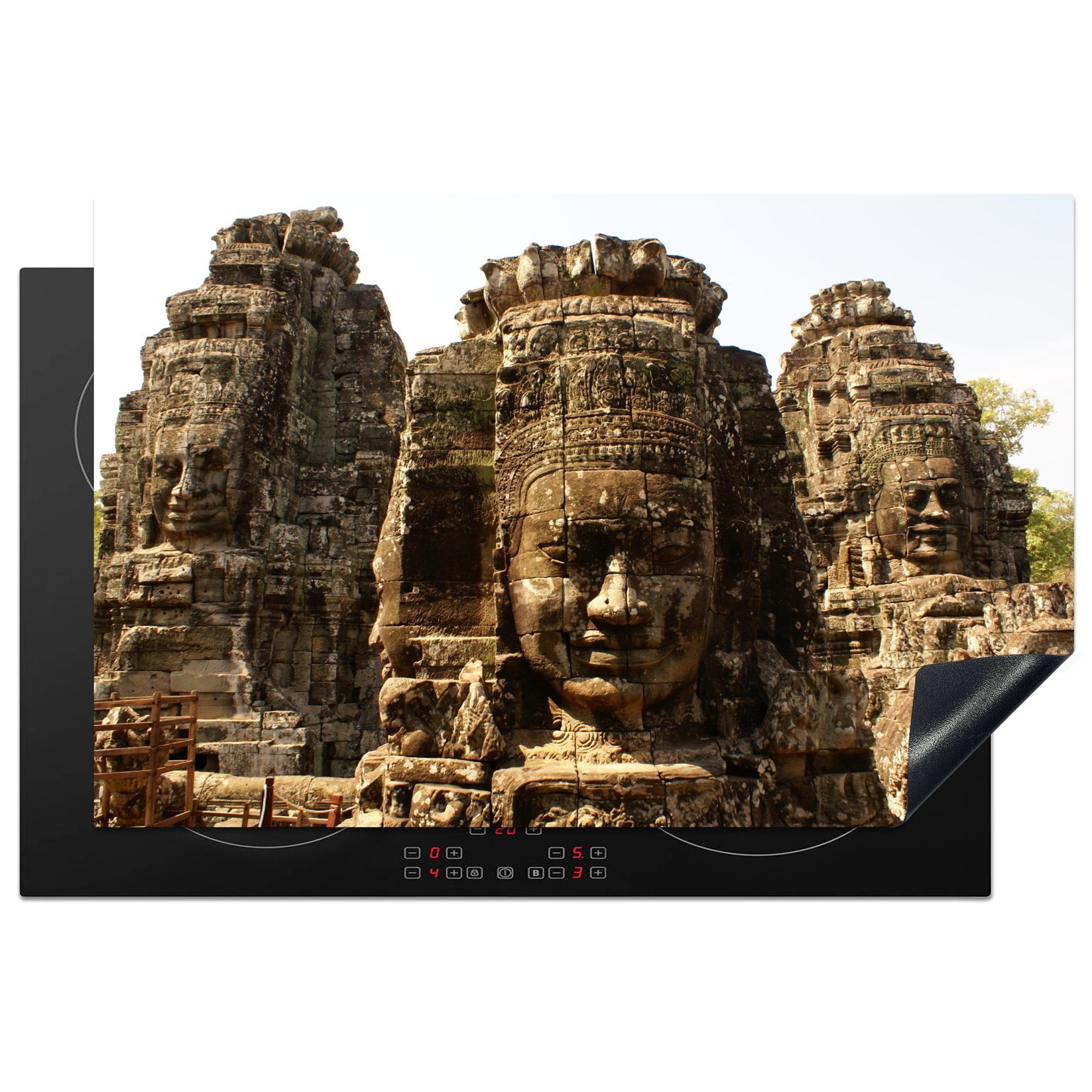 MuchoWow Herdblende-/Abdeckplatte Ein Blick auf den Bayon-Tempel in Kambodscha, Vinyl, (1 tlg), 81x52 cm, Induktionskochfeld Schutz für die küche, Ceranfeldabdeckung