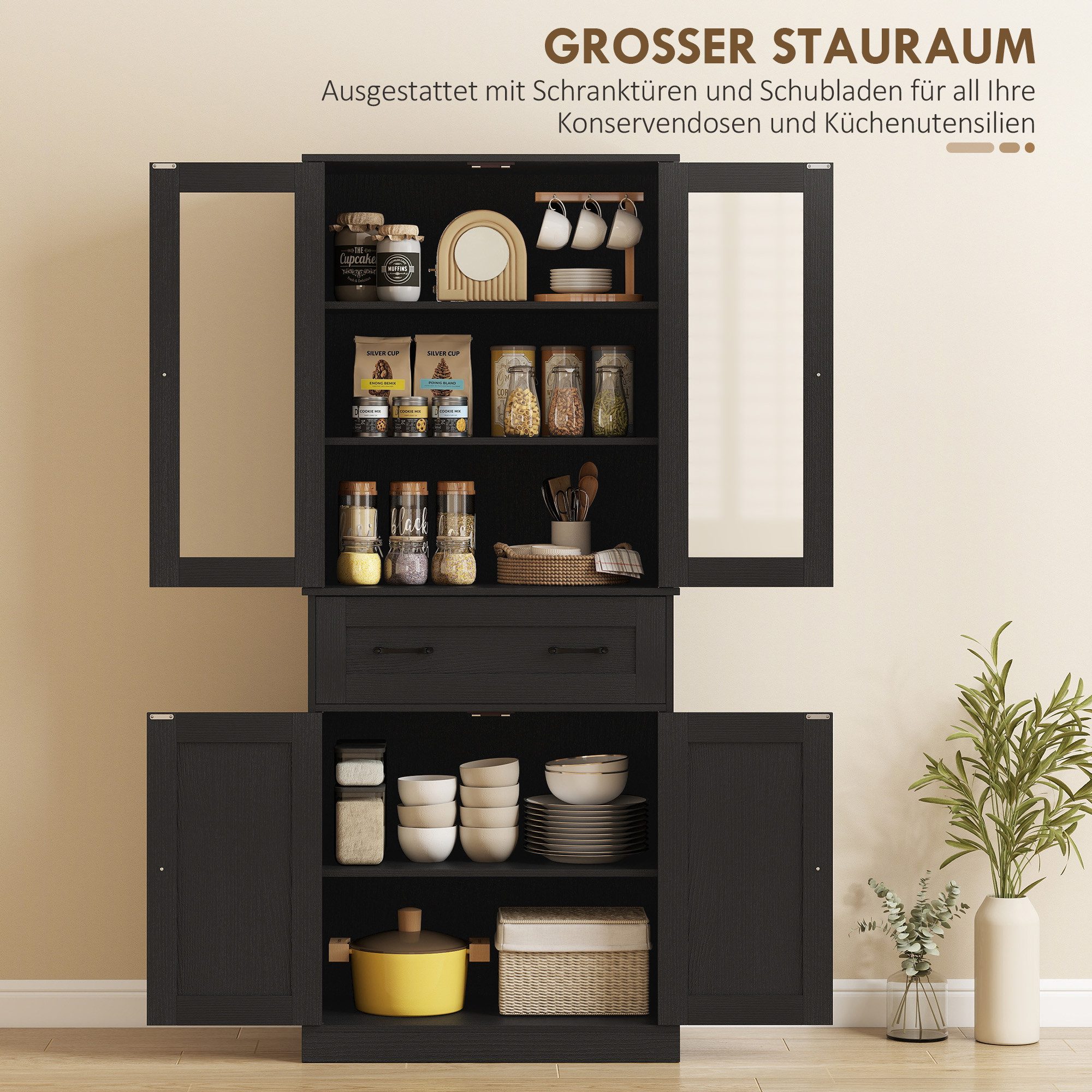 HOMCOM Hochschrank Küchenschrank Buffetschrank mit 2 Schränken, Acrylglastüren (Vitrinenschrank, 1-St., Hochschrank) für Küche, Esszimmer, Schwarz – Bild 5 von 5