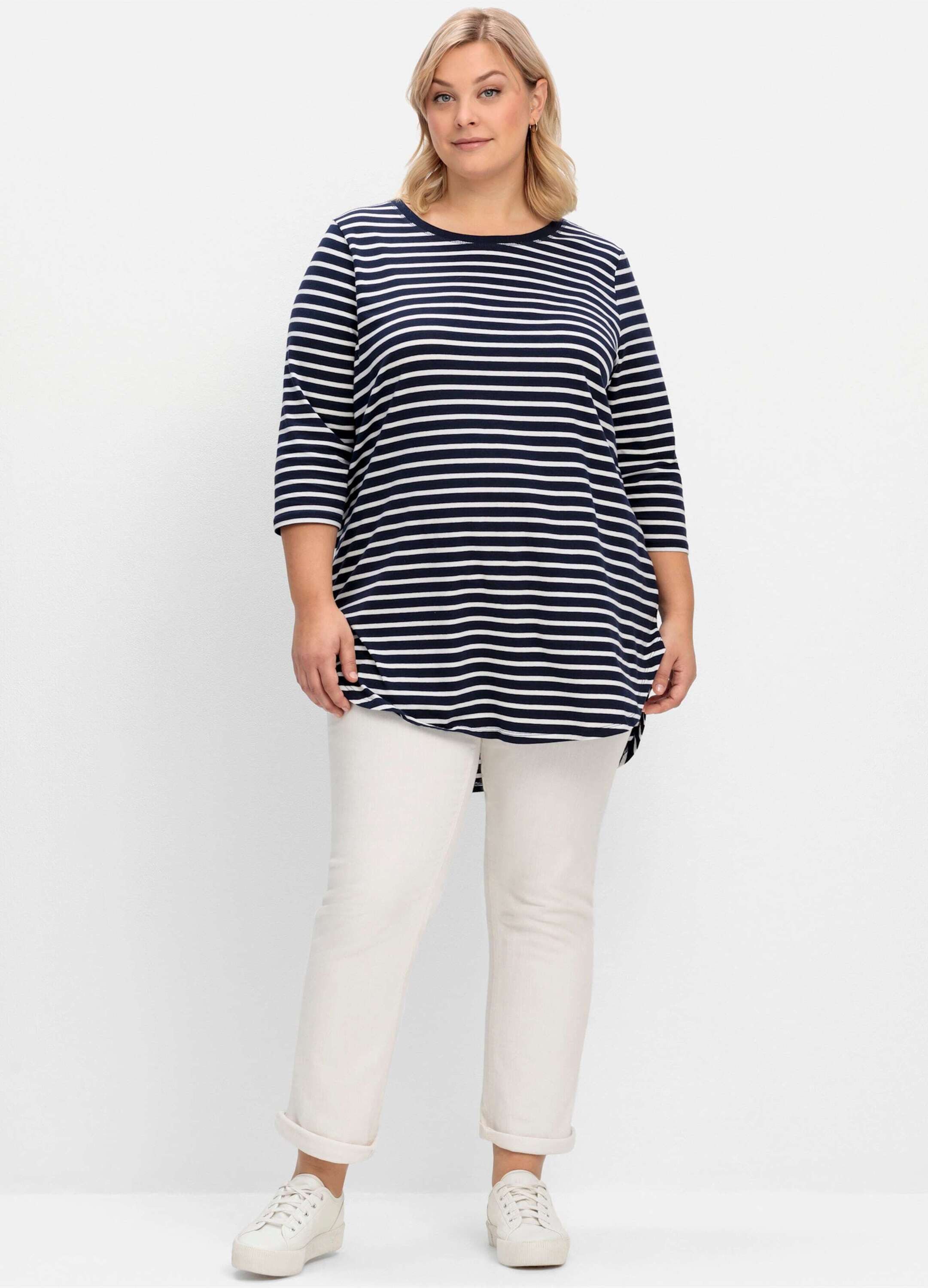 Sheego T-Shirt Longshirt 3/4-Arm mit Streifen und Nacken-Reißverschluss günstig online kaufen