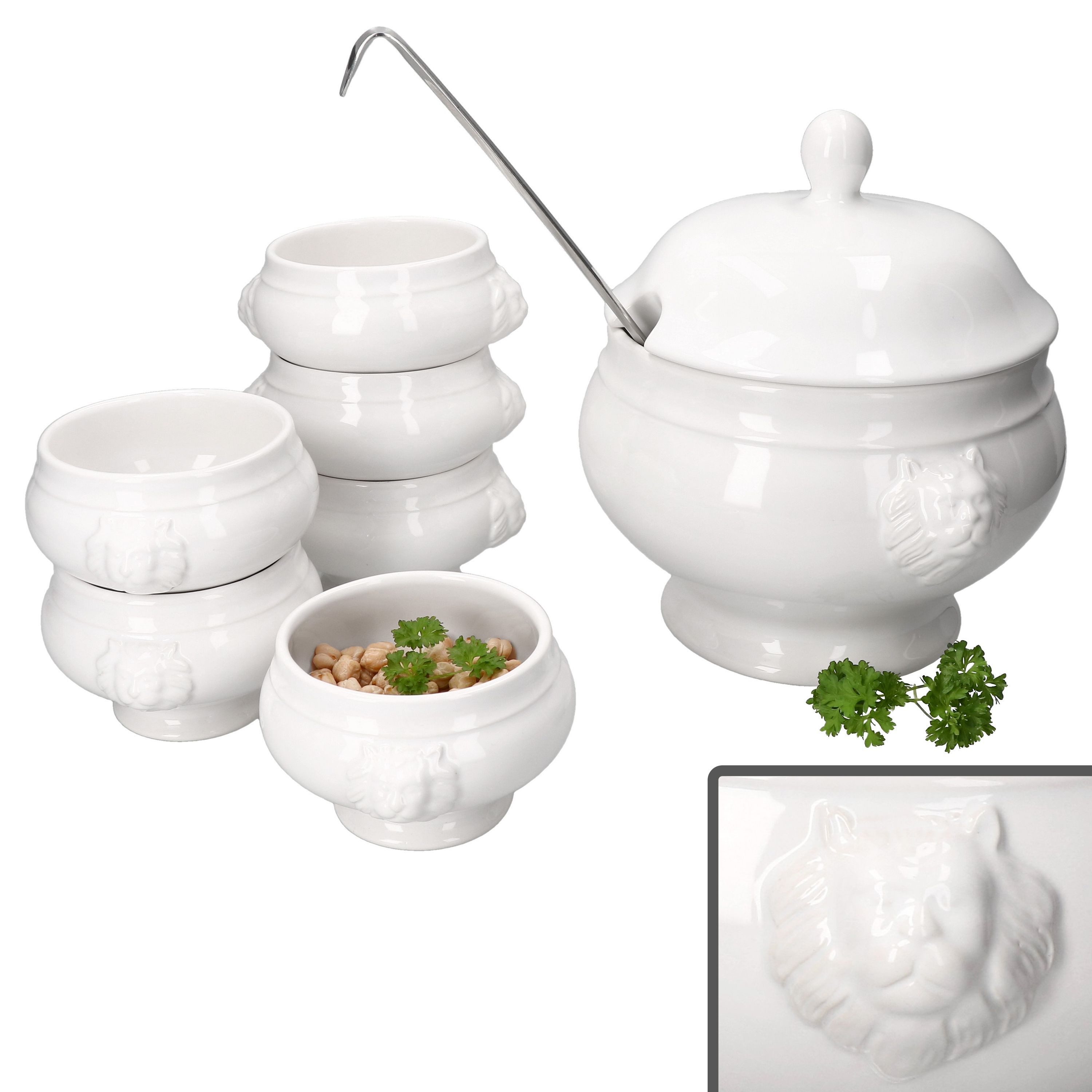 MamboCat Suppenschüssel 7tlg Set LEO Löwenkopf-Terrine mit & ohne Deckel 2L 0,25L weiß, Steingut
