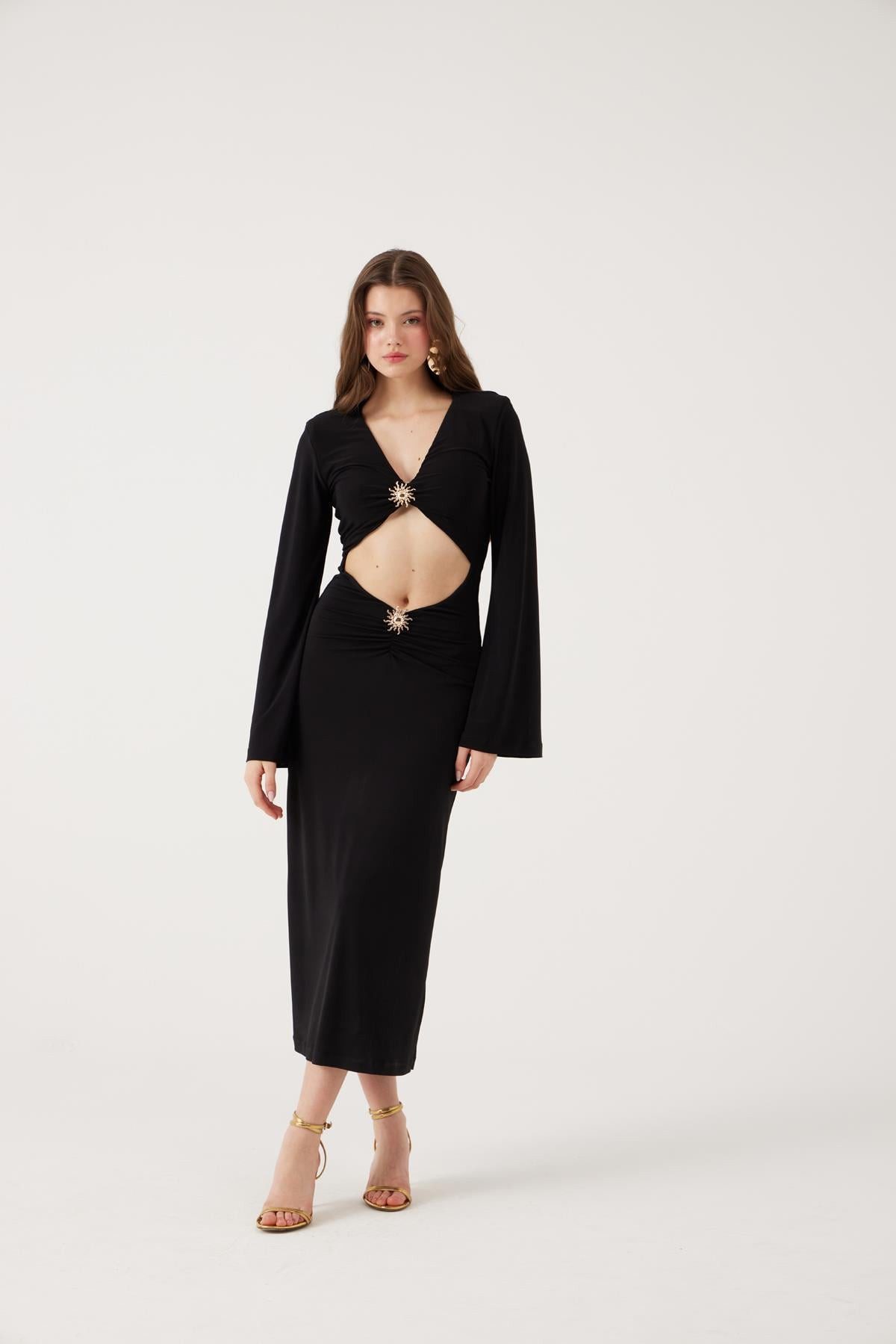 HOLLY LOLLY Midikleid V-Ausschnitt Langkleid mit Accessoire