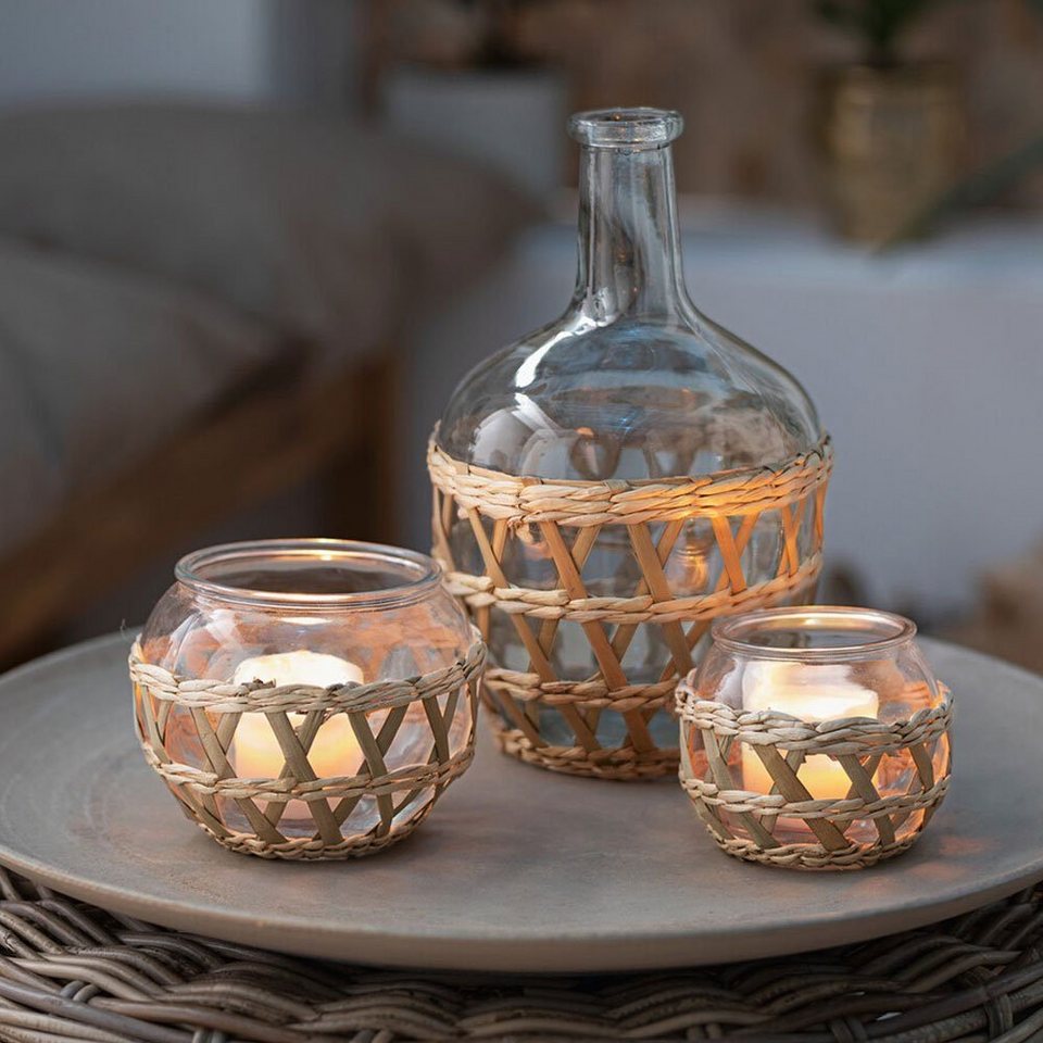 Home-trends24.de Windlicht Windlicht Teelicht Kerzenhalter Kerzenständer  Deko Seegras Glas, Material: Glas / Seegras