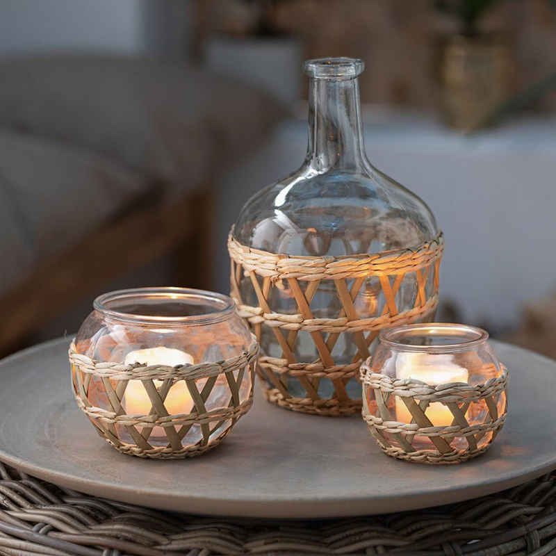 Home-trends24.de Windlicht Windlicht Teelicht Kerzenhalter Kerzenständer Deko Seegras Glas