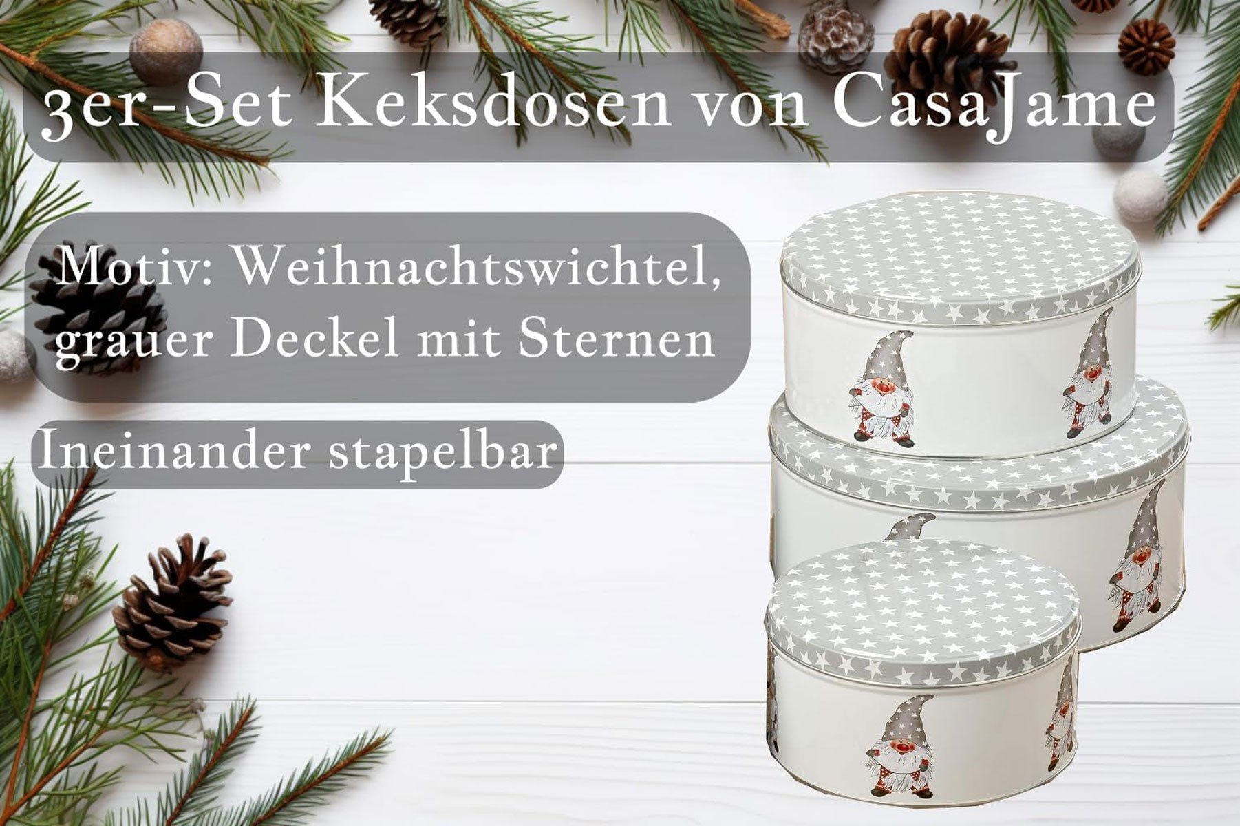 BOLTZE GRUPPE Keksdose CasaJame 3er Set Keksdose Plätzchendose Weihnachten Wichtel grau V15 – Bild 2 von 5