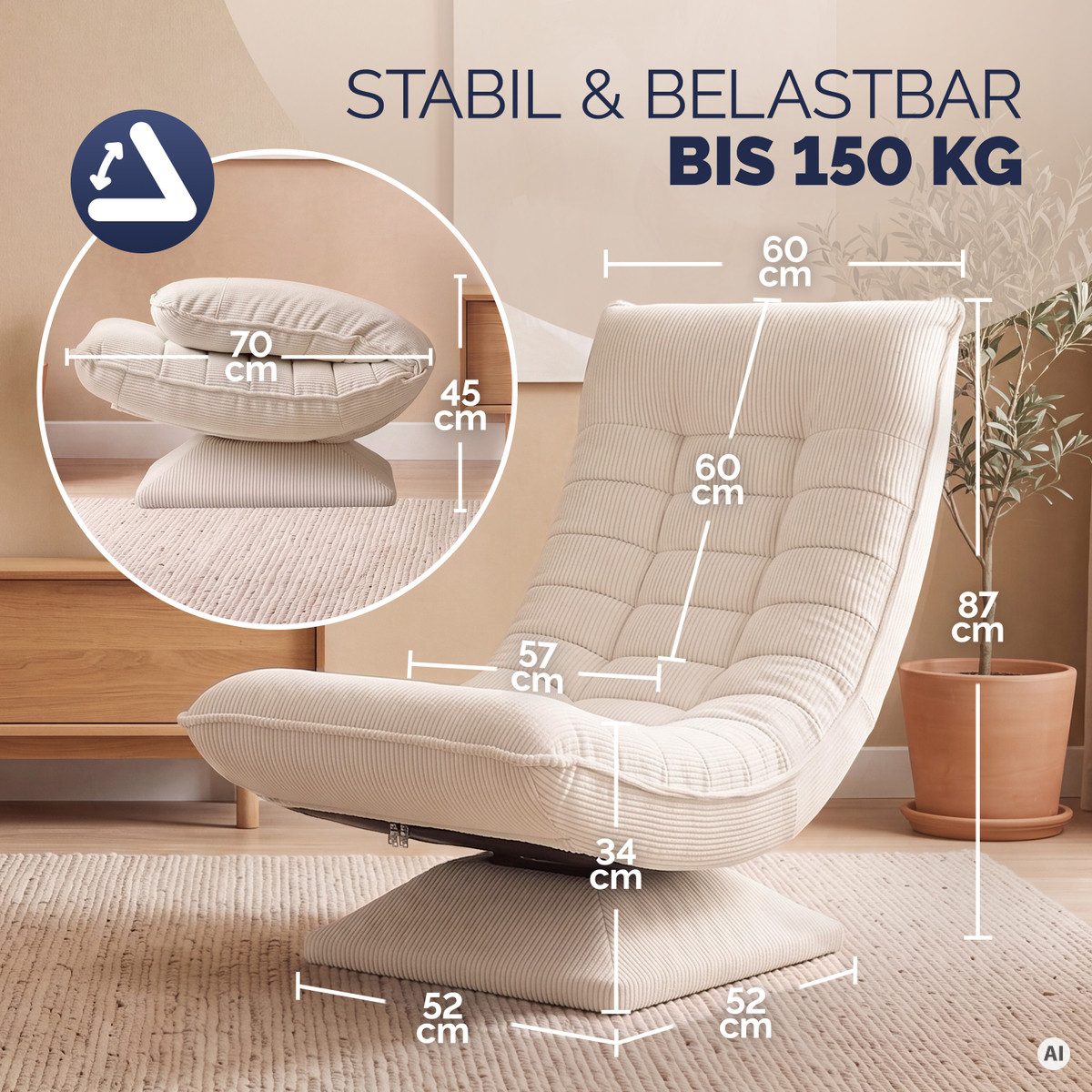 Casaria Relaxsessel Aberdeen Cord, verstellbare Lehne Drehbar Klappbar 150kg Belastbarkeit 60x105x87cm – Bild 3 von 5