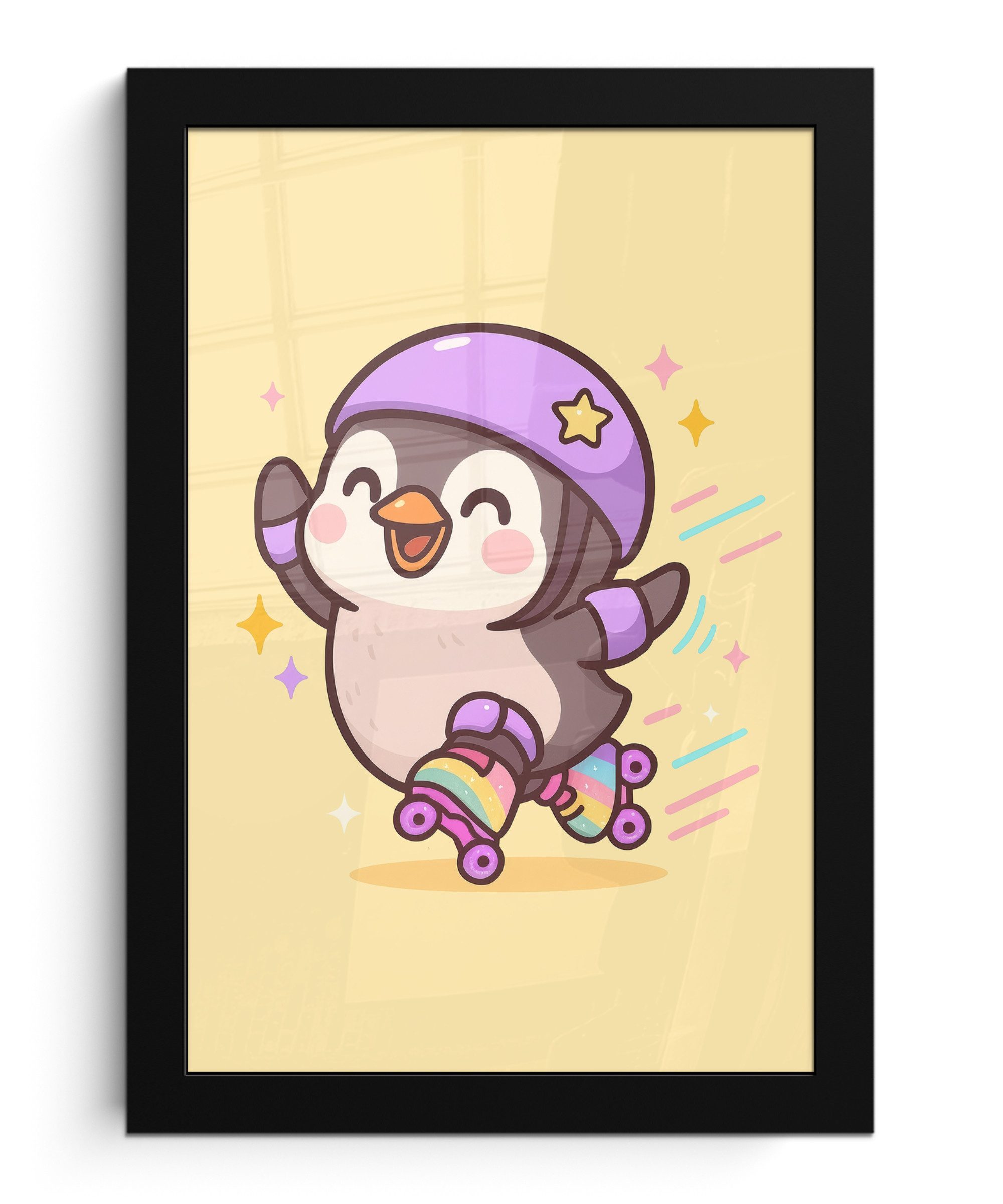 MuchoWow Poster Pinguin - Rollschuhe - Gelb - Energetisch, (1 St), Bilderrahmen, Zimmer Deko, Bild für Wohnzimmer, 20x30 cm