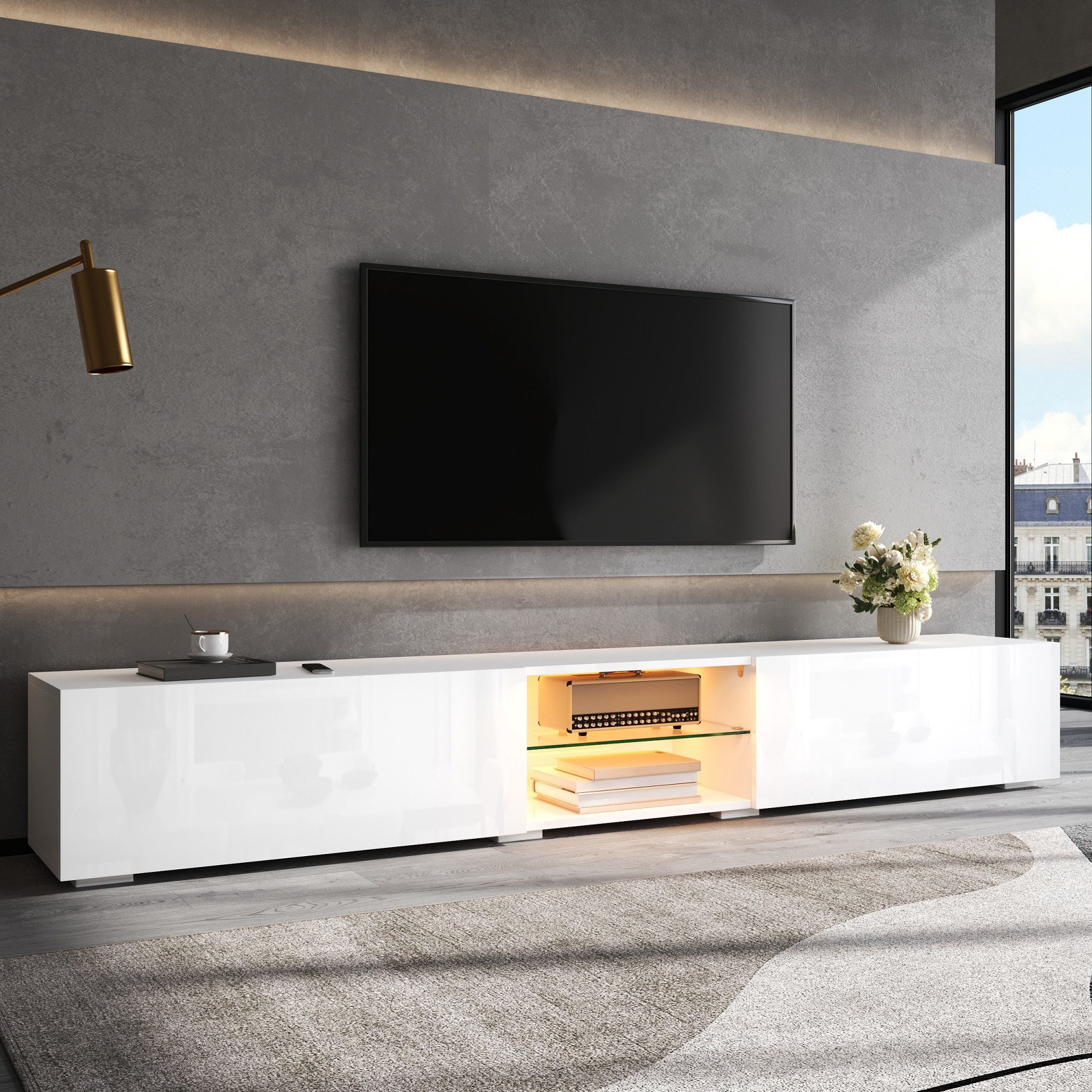 Merax Lowboard mit LED-Beleuchtung per APP, TV-Schrank (200 x 30 x 30 cm (L x B x H), 1 St), mit Hochglanz-Türen, transparentem Einlegeboden & offenem Gerätefach