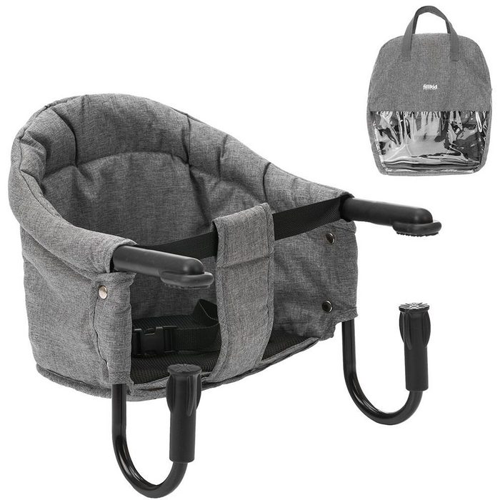 Fillikid Hochstuhl Melange Grau Tischsitz Babysitz - faltbare Baby Sitzerhöhung / Booster Sitz mit Anti-Rutsch-Klemmen - Kinder Reisehochstuhl inkl. Tasche